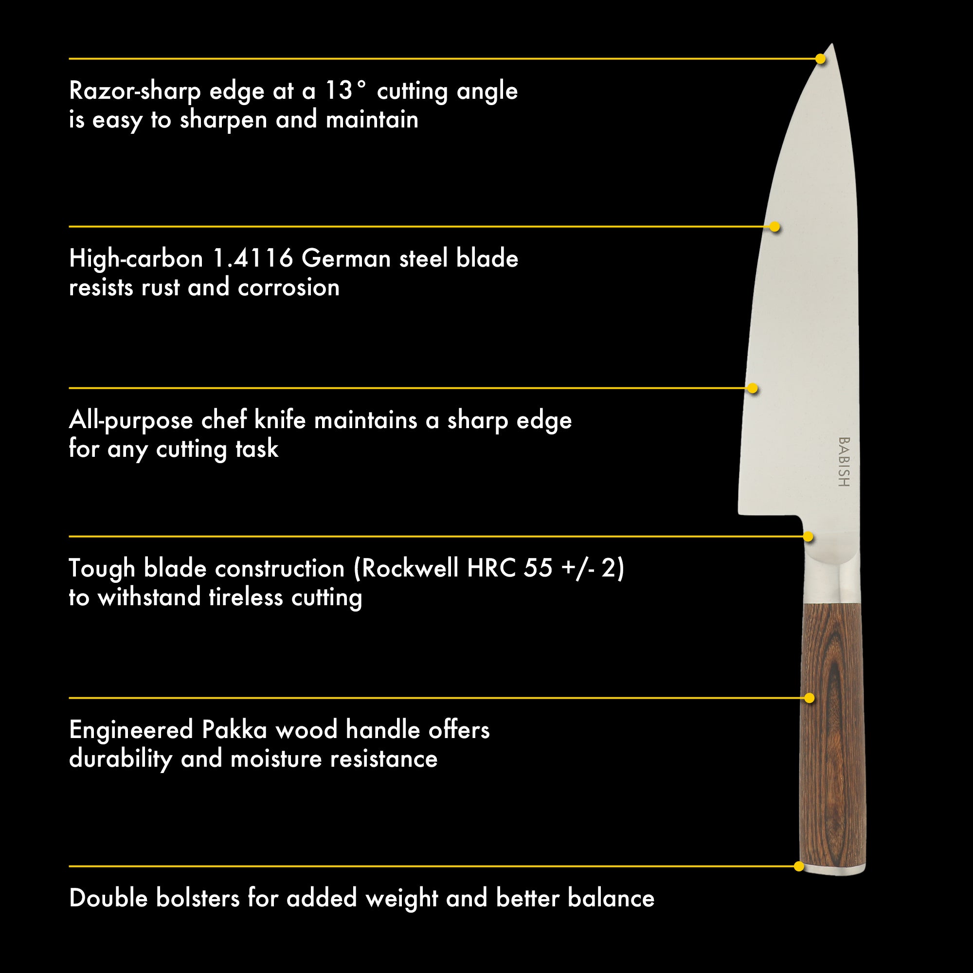 Babish 8-Inch Chef Knife – High-Carbon 1.4116 German Steel Kitchen Knife with Pakka Wood Handle, Full-Tang Razor Sharp Chef’s Blade for Chopping, Slicing, Dicing & Everyday Prep