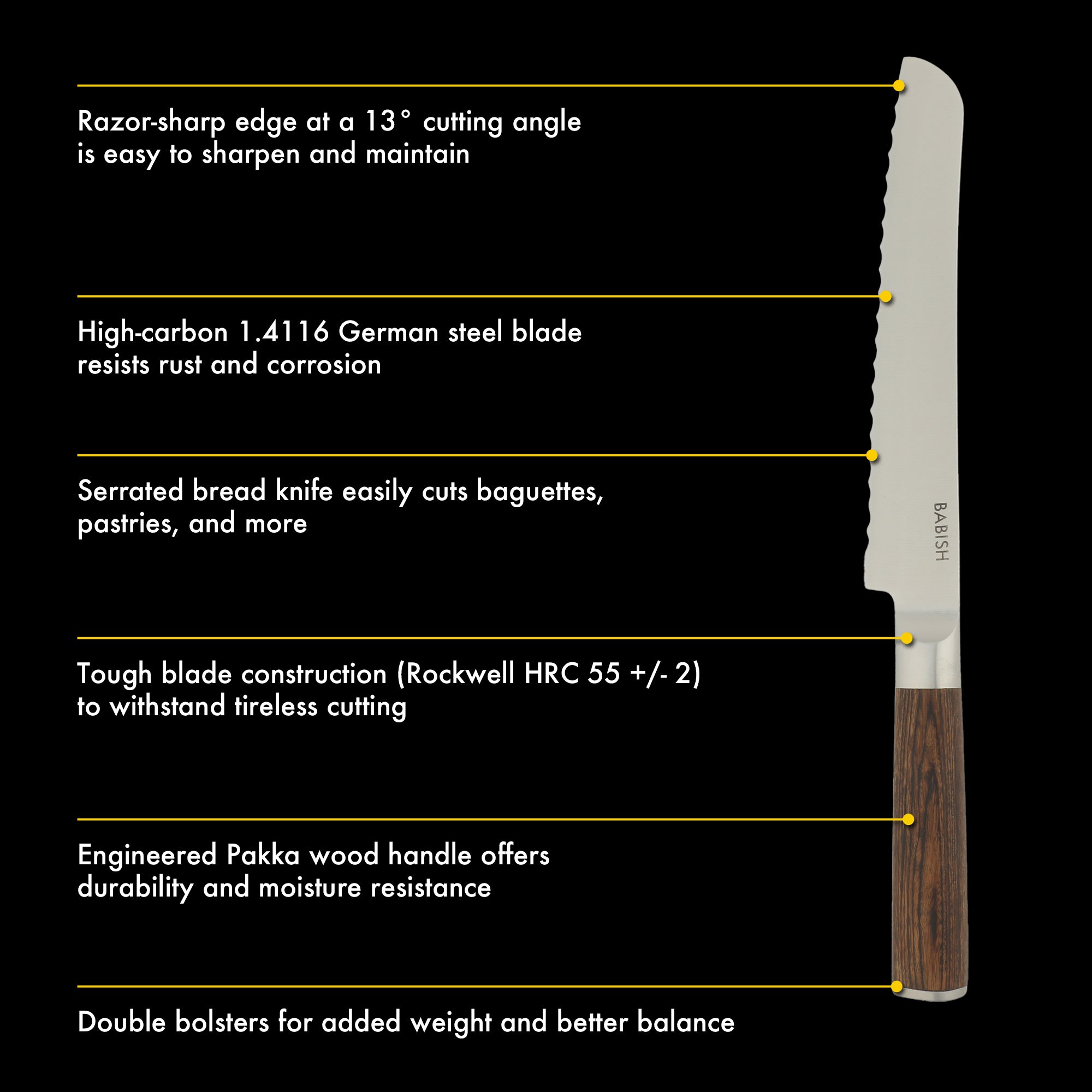 Babish 8-Inch Bread Knife – High-Carbon 1.4116 German Steel Serrated Knife with Pakka Wood Handle, Full-Tang Razor Sharp Kitchen Knife for Slicing Bread, Crusting & Artisan Loaves