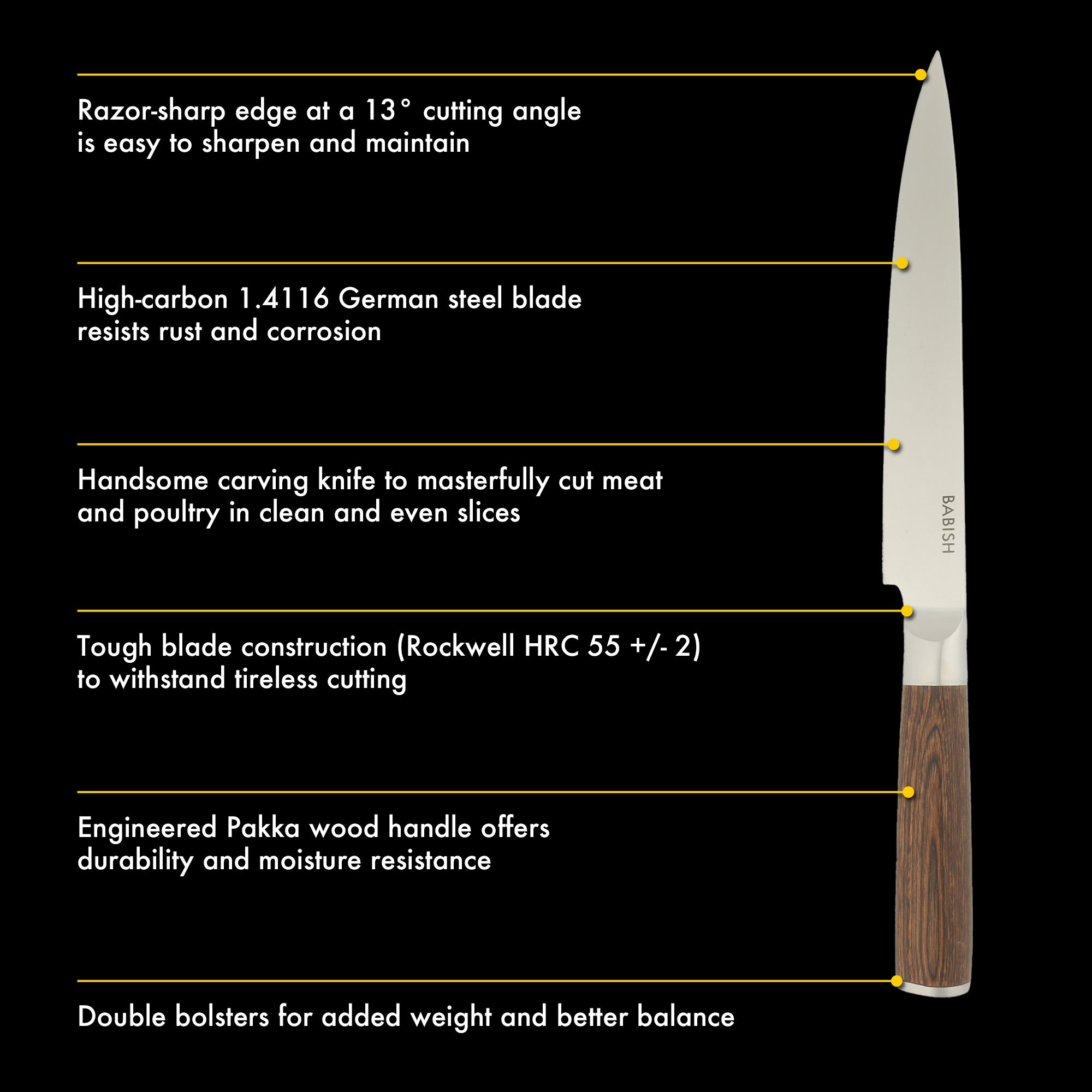 Babish 8-Inch Carving Knife – High-Carbon 1.4116 German Steel Slicing Knife with Dark Pakka Wood Handle, Full-Tang Razor Sharp Blade for Carving Meat, Turkey, Roast & BBQ