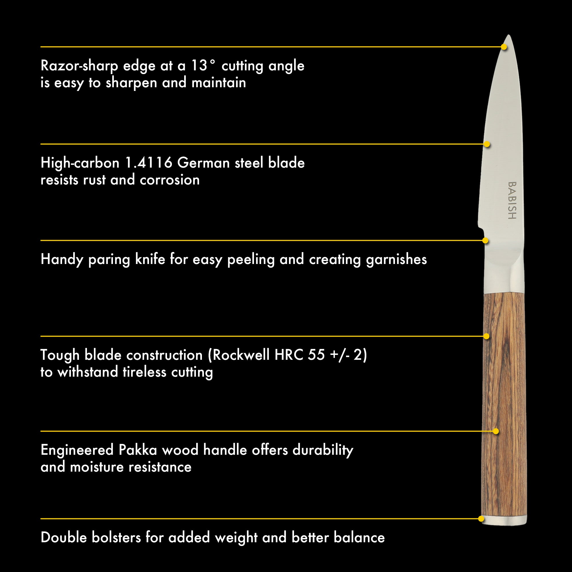 Babish 1.4116 German Stainless Steel Paring Knife with Pakka Wood Handle – 3.5-Inch Precision Kitchen Knife for Peeling, Trimming & Prep Work, Full-Tang Blade