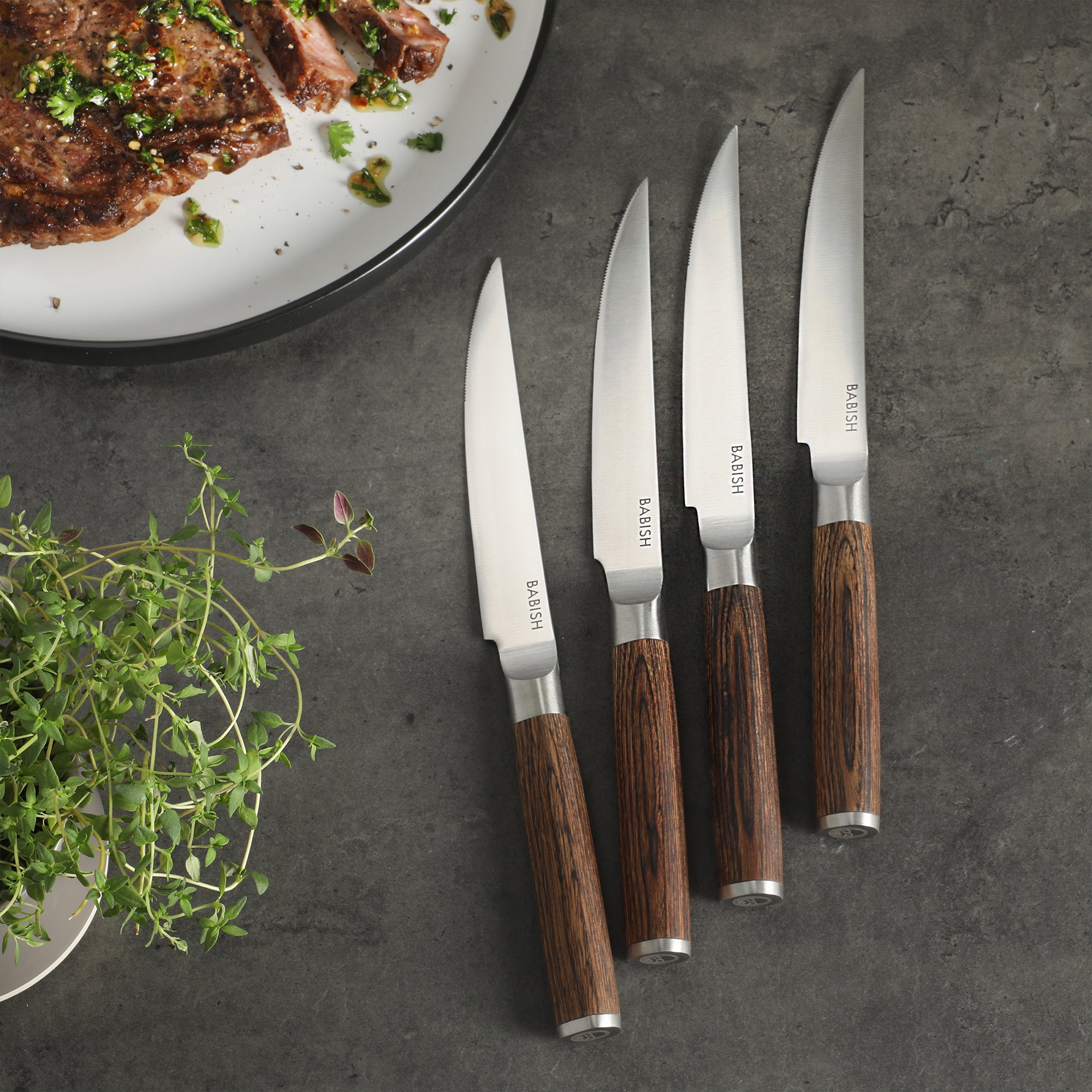 Babish 4-Piece 1.4116 German Stainless Steel Steak Knife Set with Pakka Wood Handles – Full-Tang Steak Knives for Dining, Entertaining & Everyday Table Use