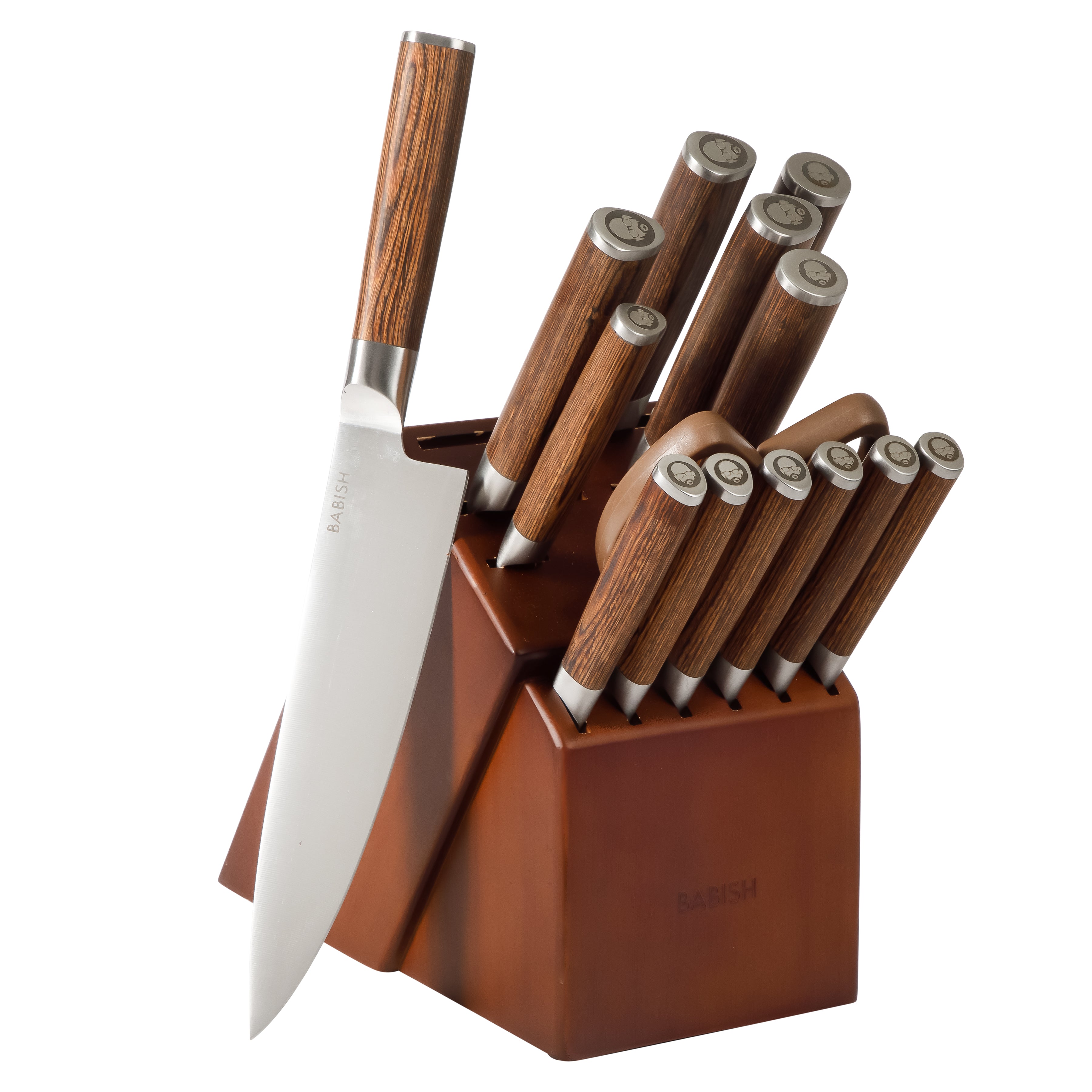 Babish High-Carbon 1.4116 German Steel 15 Piece Full Tang Forged Cutlery Kitchen Knife Block Set - Light/Dark Pakka Wood Handle