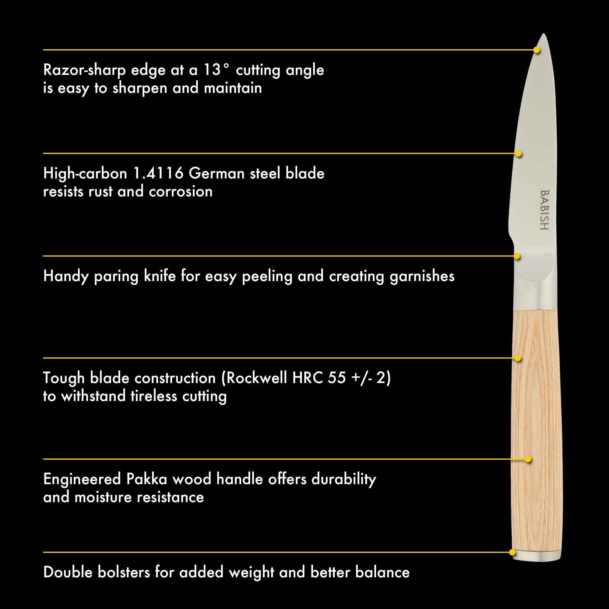 Babish 1.4116 German Stainless Steel Paring Knife with Pakka Wood Handle – 3.5-Inch Precision Kitchen Knife for Peeling, Trimming & Prep Work, Full-Tang Blade
