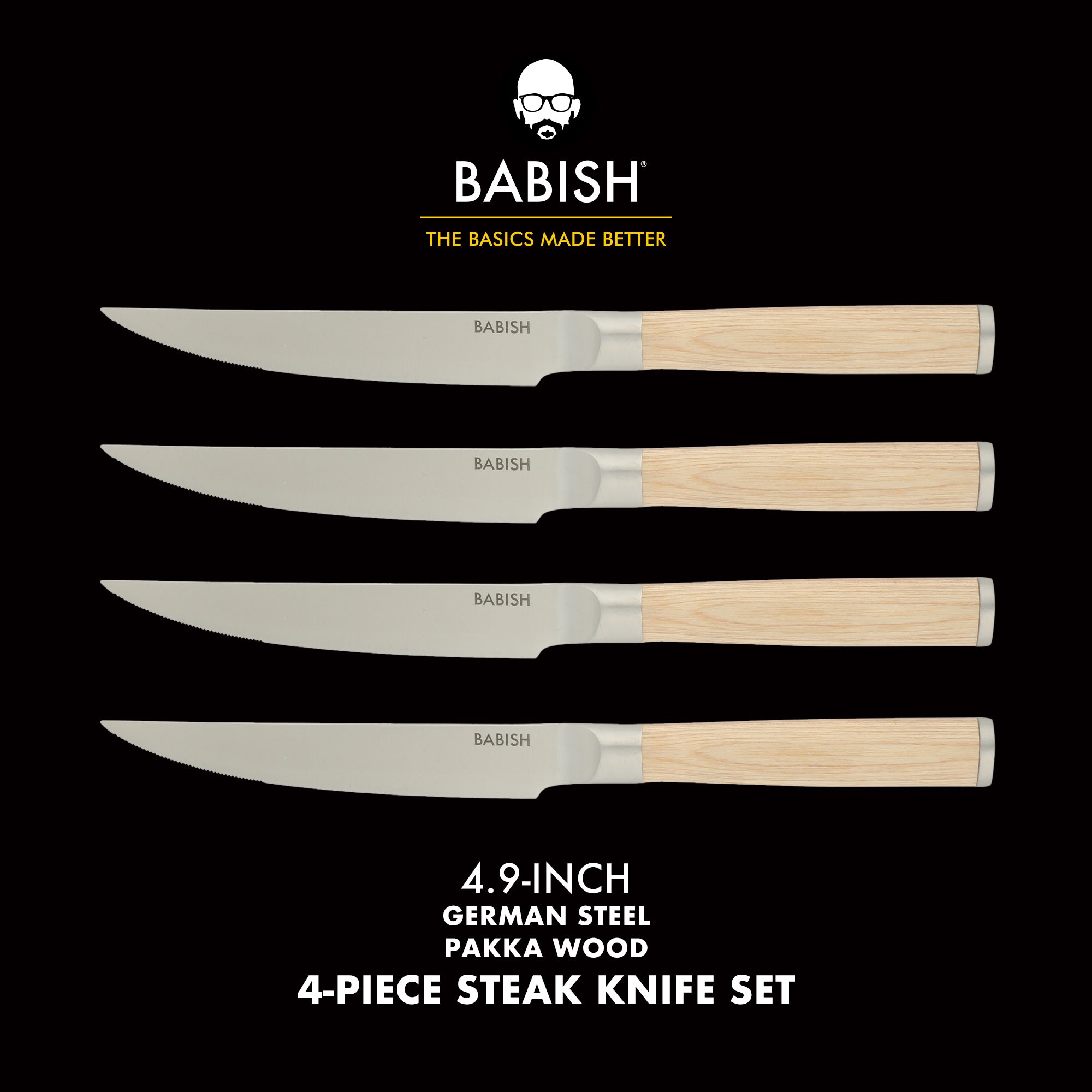 Babish 4-Piece 1.4116 German Stainless Steel Steak Knife Set with Pakka Wood Handles – Full-Tang Steak Knives for Dining, Entertaining & Everyday Table Use