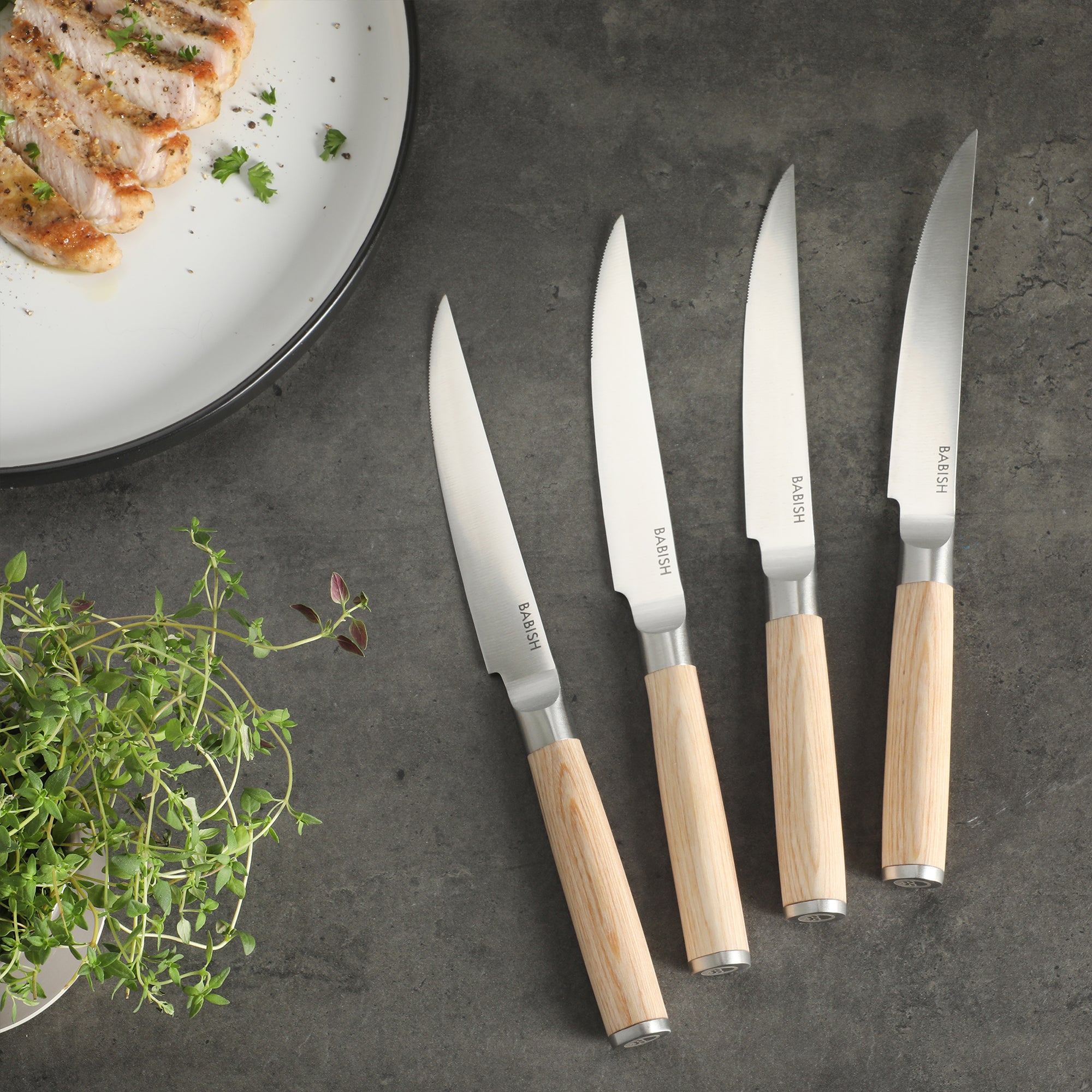 Babish 4-Piece 1.4116 German Stainless Steel Steak Knife Set with Pakka Wood Handles – Full-Tang Steak Knives for Dining, Entertaining & Everyday Table Use