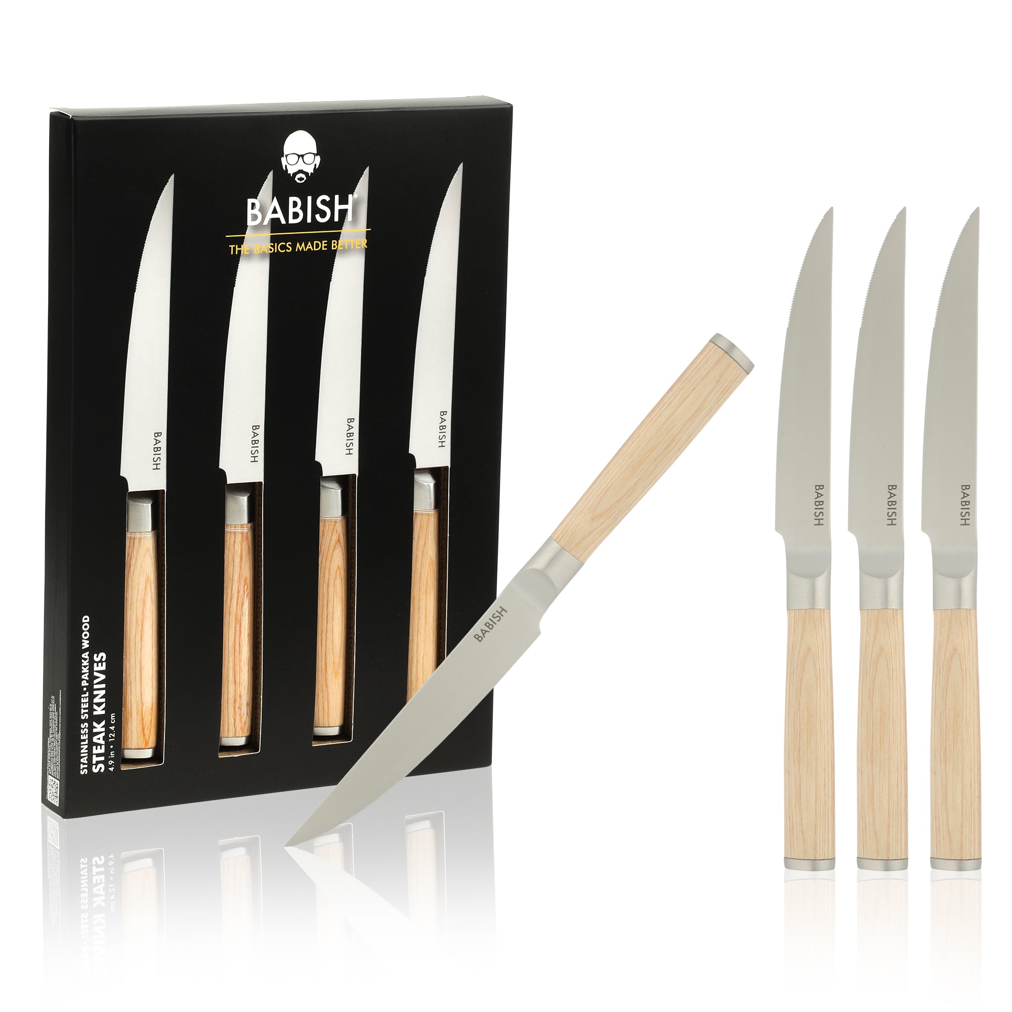 Babish 4-Piece 1.4116 German Stainless Steel Steak Knife Set with Pakka Wood Handles – Full-Tang Steak Knives for Dining, Entertaining & Everyday Table Use
