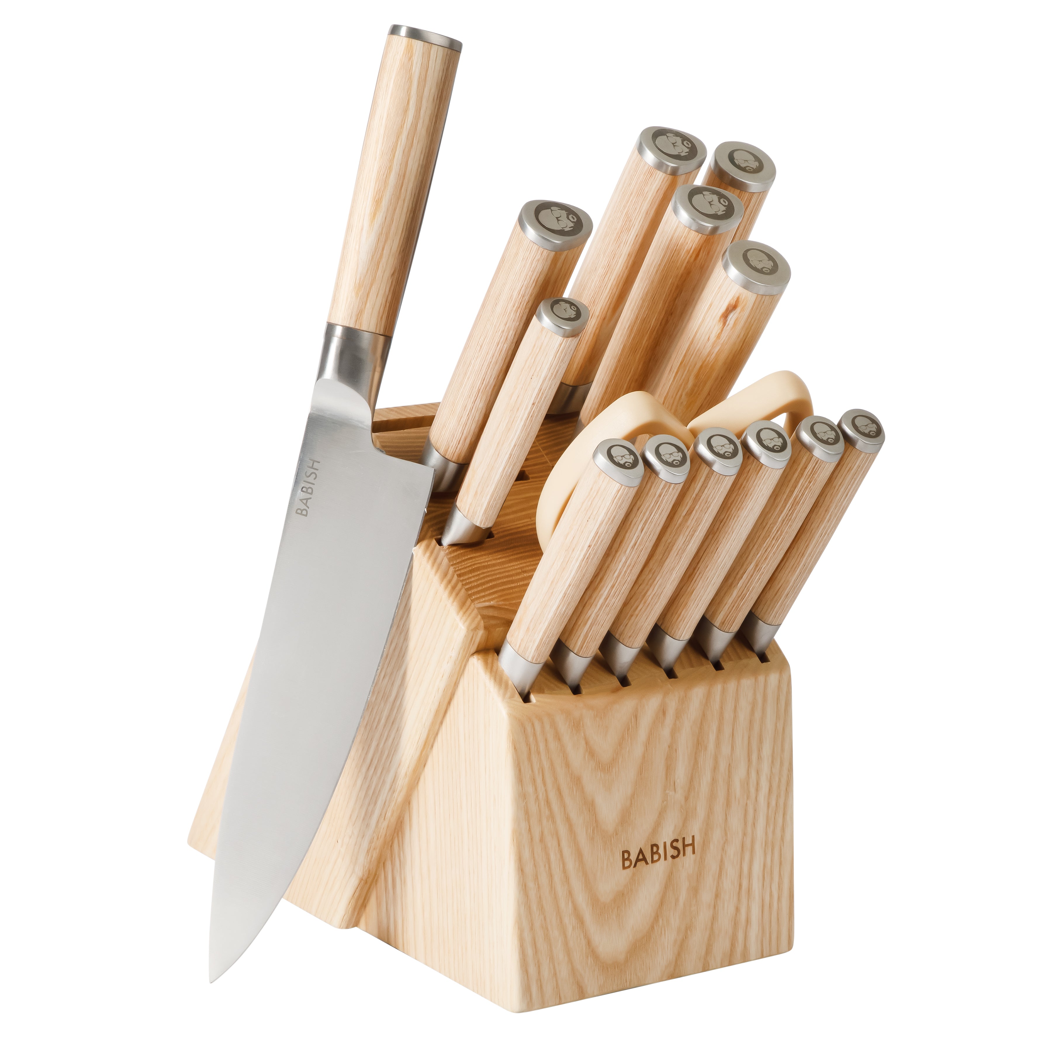 Babish High-Carbon 1.4116 German Steel 15 Piece Full Tang Forged Cutlery Kitchen Knife Block Set - Light/Dark Pakka Wood Handle