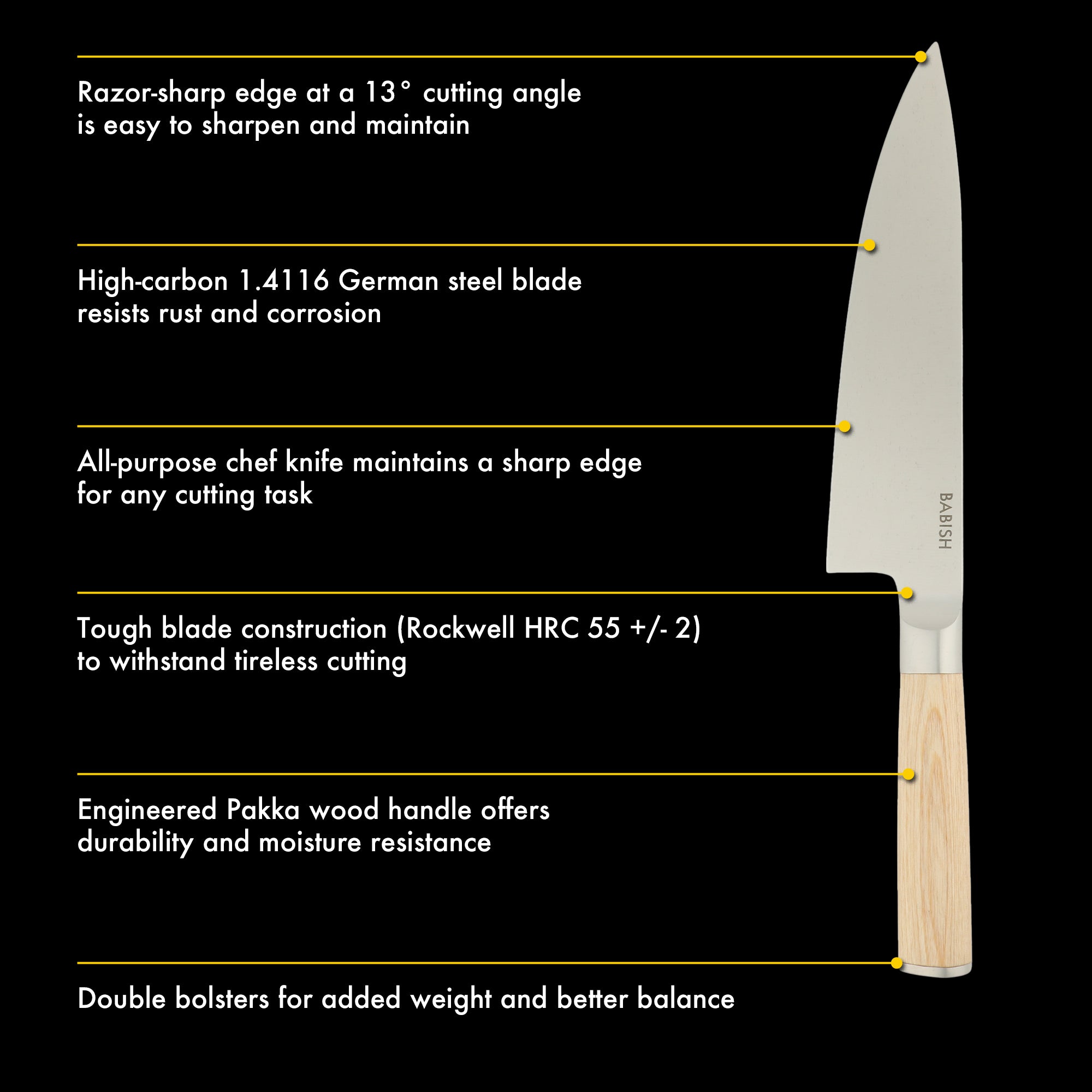 Babish 8-Inch Chef Knife – High-Carbon 1.4116 German Steel Kitchen Knife with Pakka Wood Handle, Full-Tang Razor Sharp Chef’s Blade for Chopping, Slicing, Dicing & Everyday Prep