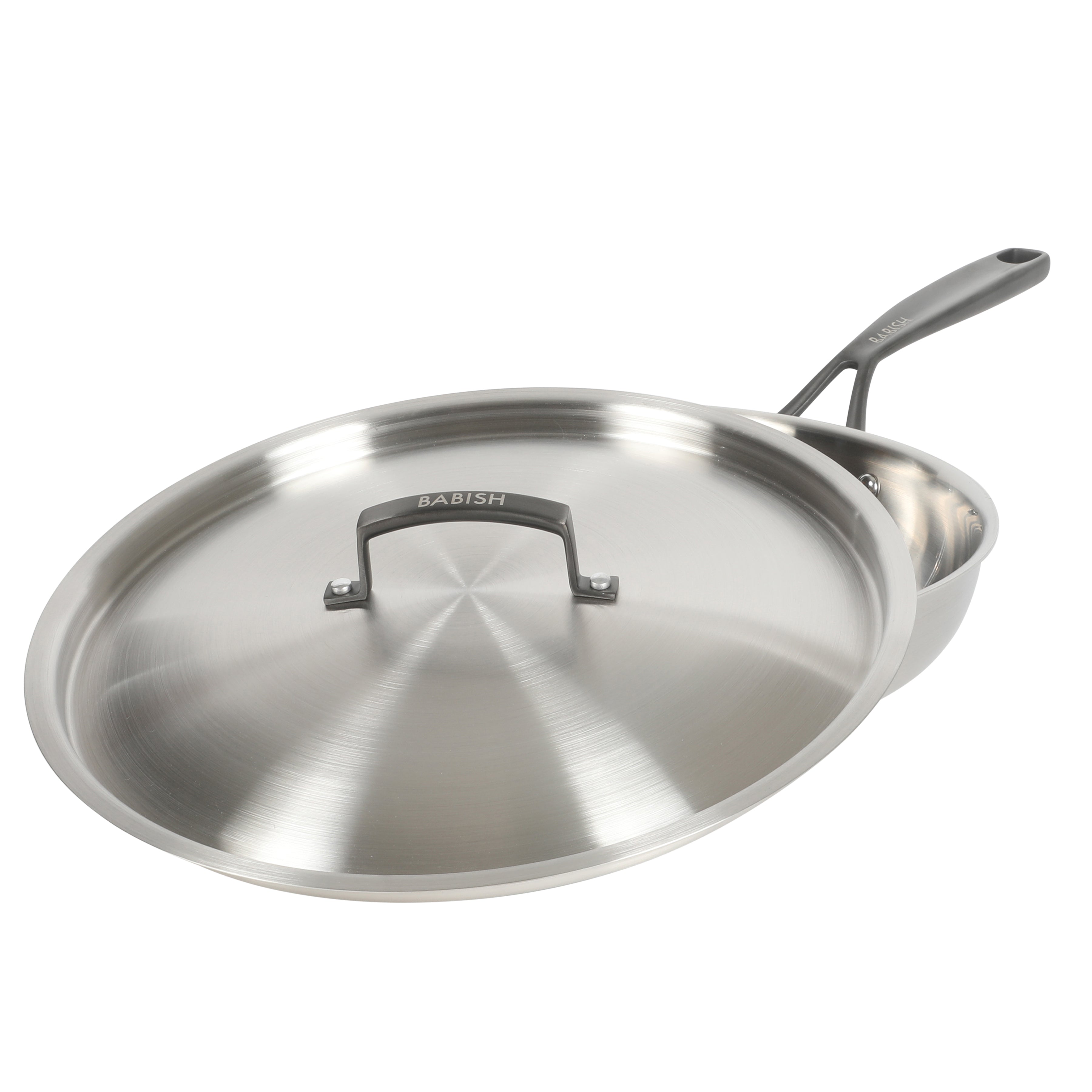 Babish 12-Inch Tri-Ply Stainless Steel Frying Pan with Lid & Black Handle – Professional Grade Skillet for Searing, Sautéing & Even Heat Cooking