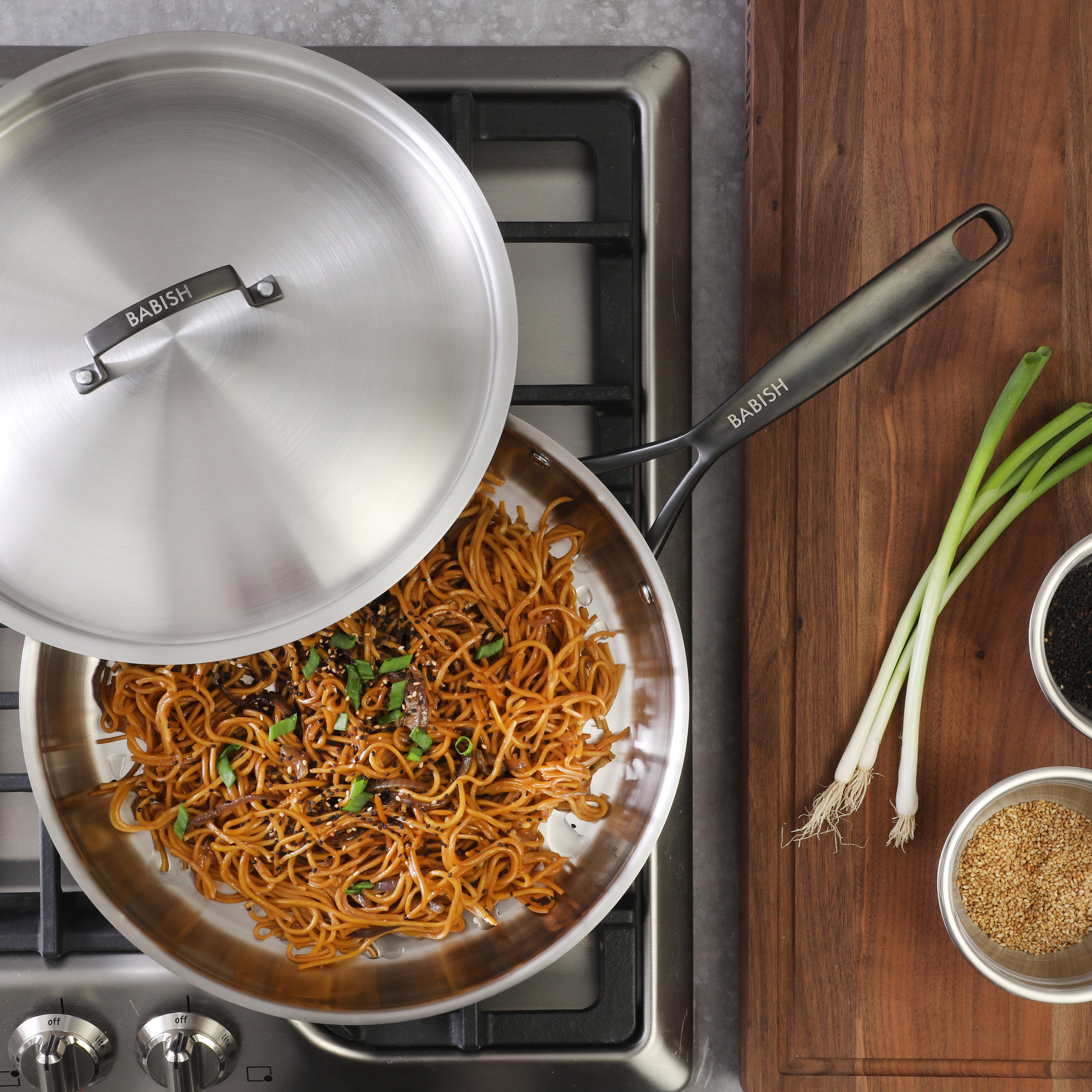 Babish 12-Inch Tri-Ply Stainless Steel Frying Pan with Lid & Black Handle – Professional Grade Skillet for Searing, Sautéing & Even Heat Cooking