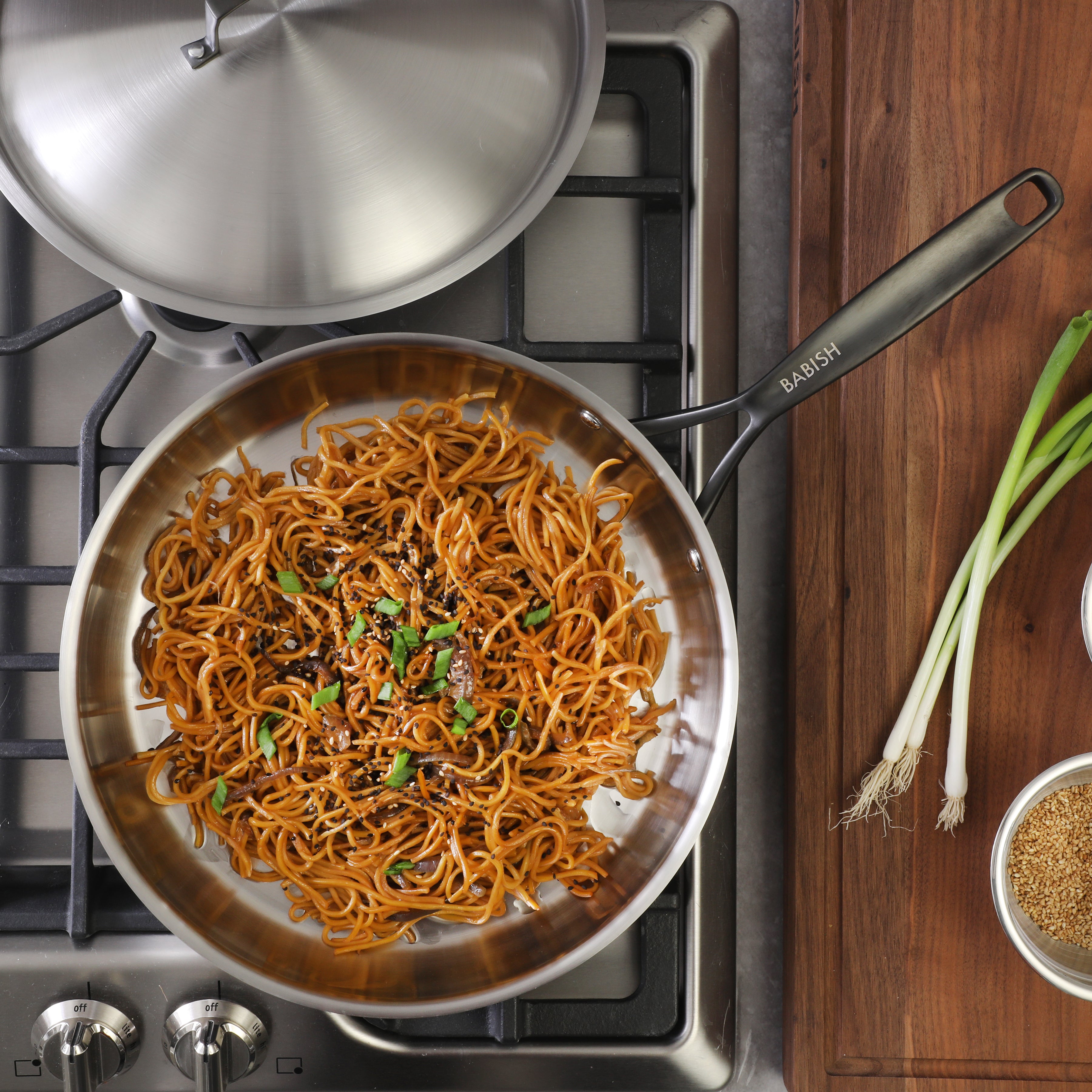 Babish 12-Inch Tri-Ply Stainless Steel Frying Pan with Lid & Black Handle – Professional Grade Skillet for Searing, Sautéing & Even Heat Cooking