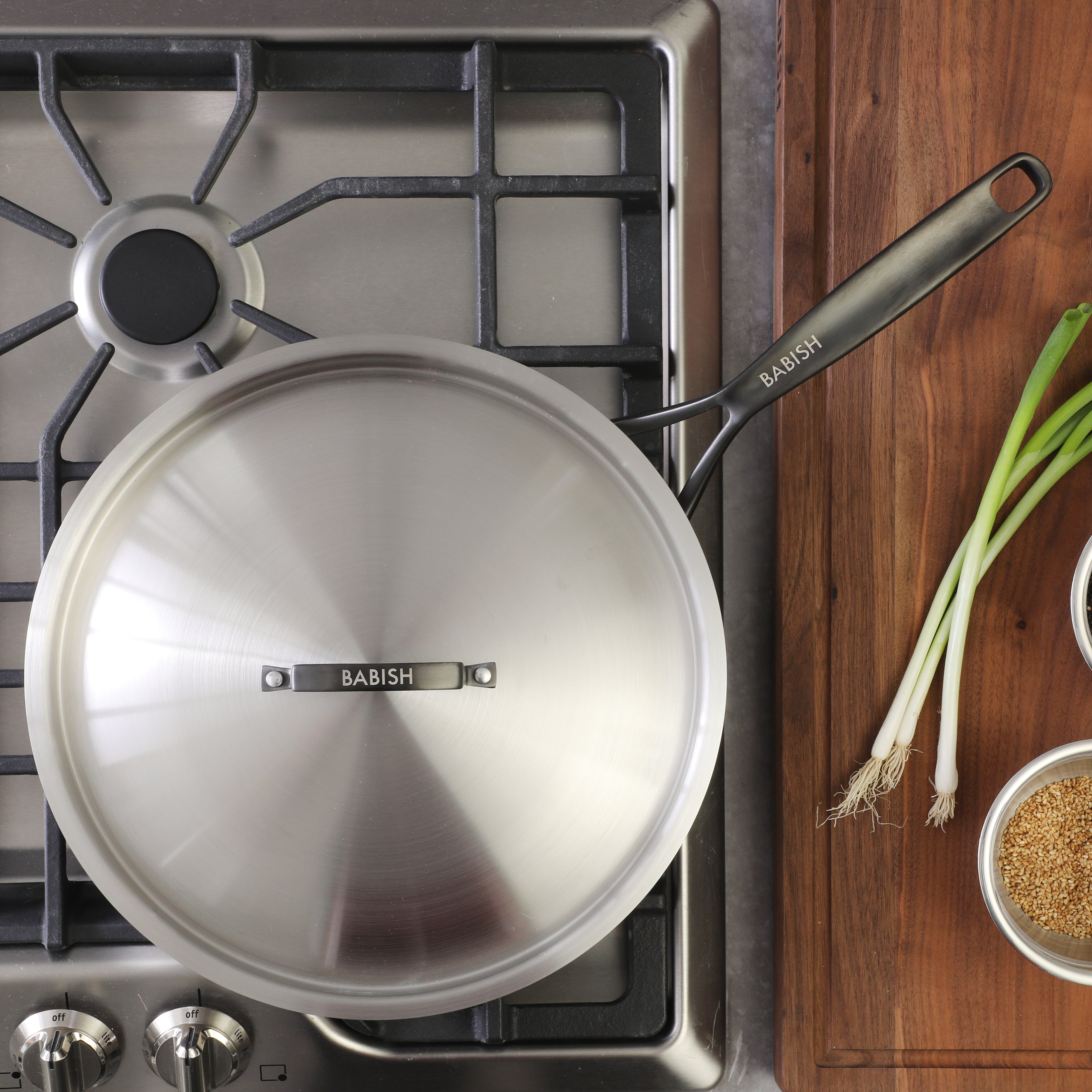 Babish 12-Inch Tri-Ply Stainless Steel Frying Pan with Lid & Black Handle – Professional Grade Skillet for Searing, Sautéing & Even Heat Cooking