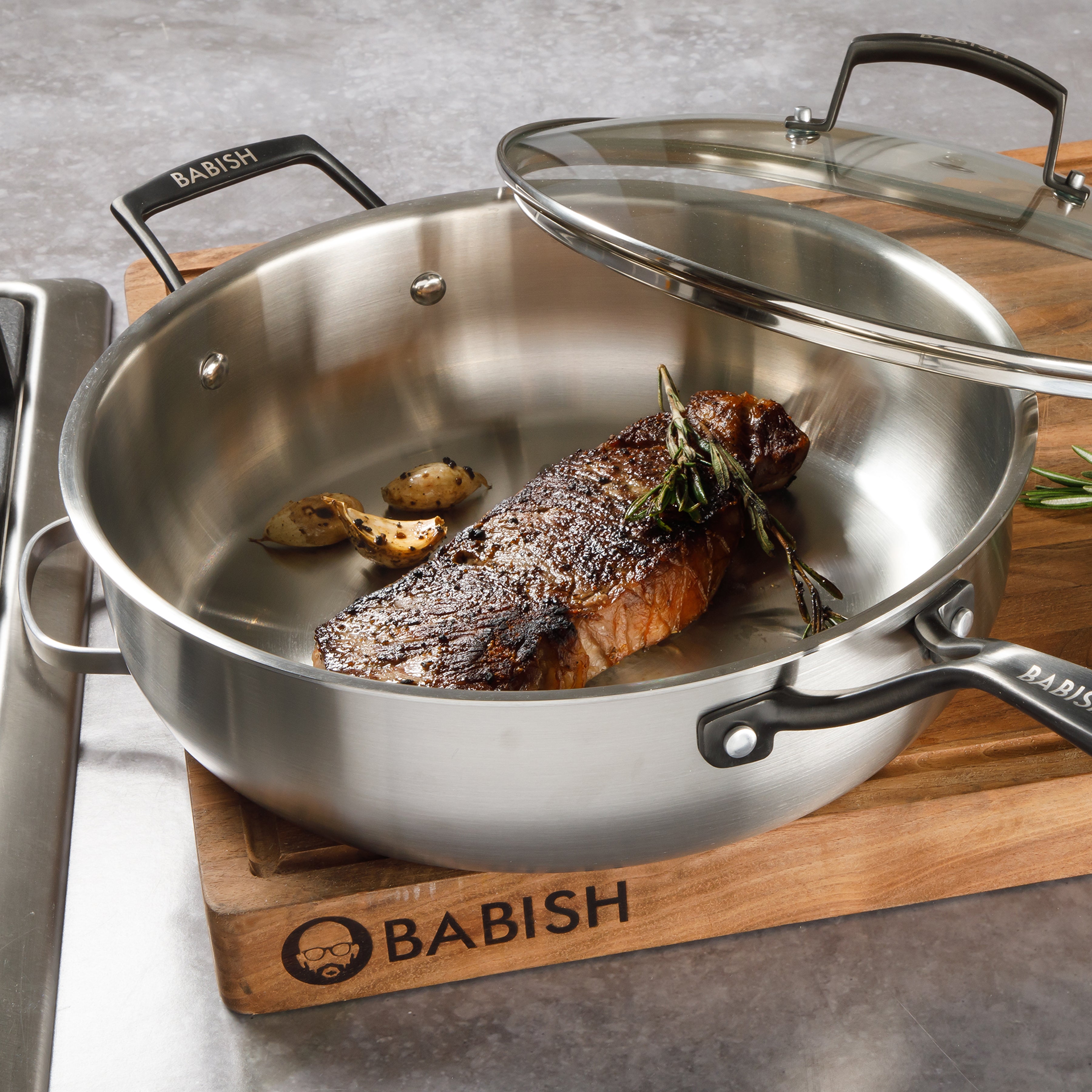 Babish 5-Qt Stainless Steel Sauté Pan with Lid – Heavy Duty Nonstick-Ready, Oven & Induction Safe, Everyday Kitchen Cookware