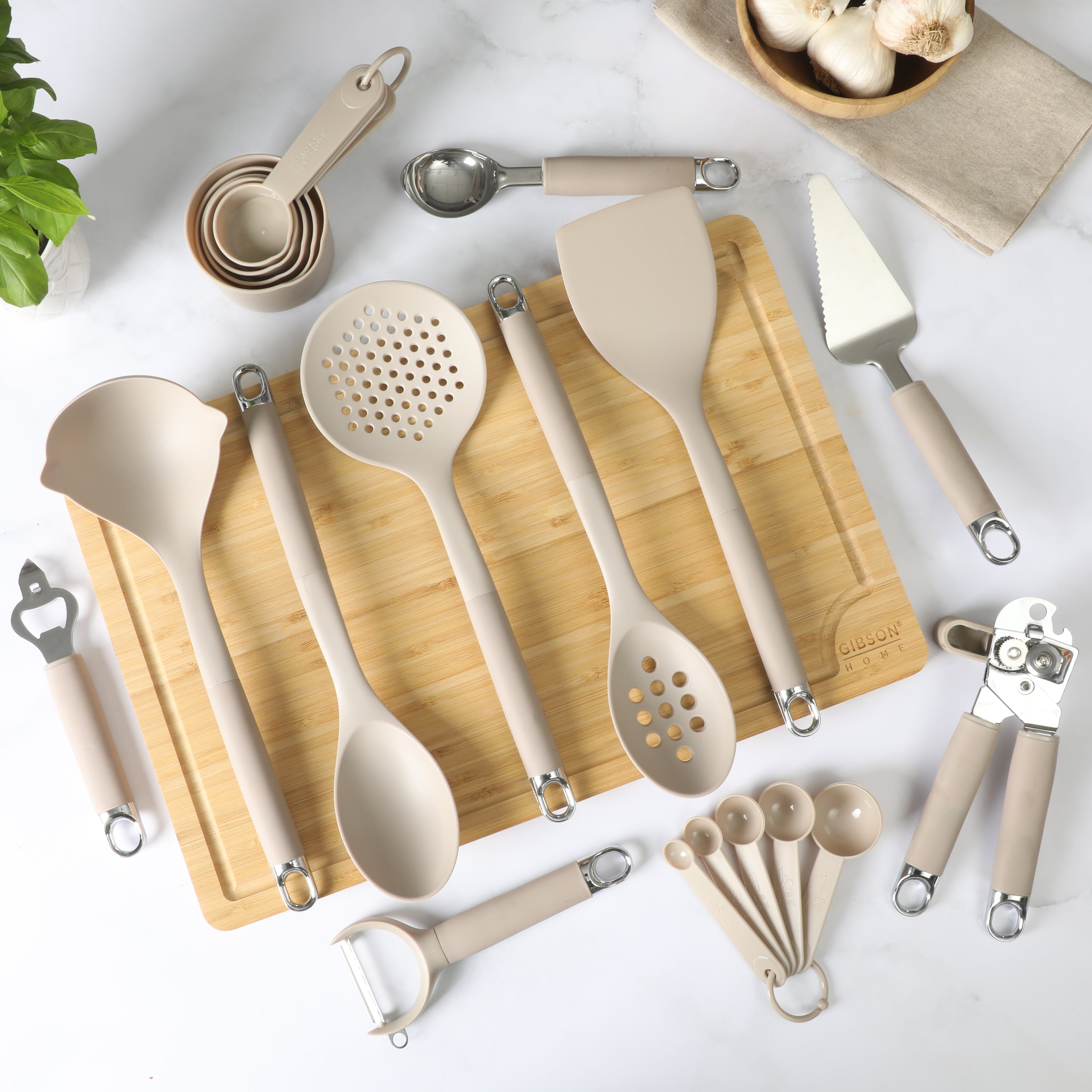 Gibson Home 20-Piece Kitchen Gadget & Tool Set – Nylon Cooking Utensils Spatulas, Ladle, Skimmer, Serving Spoons, Measuring Cups & Spoons, Can Opener, Peeler, Ice Cream Scoop & More