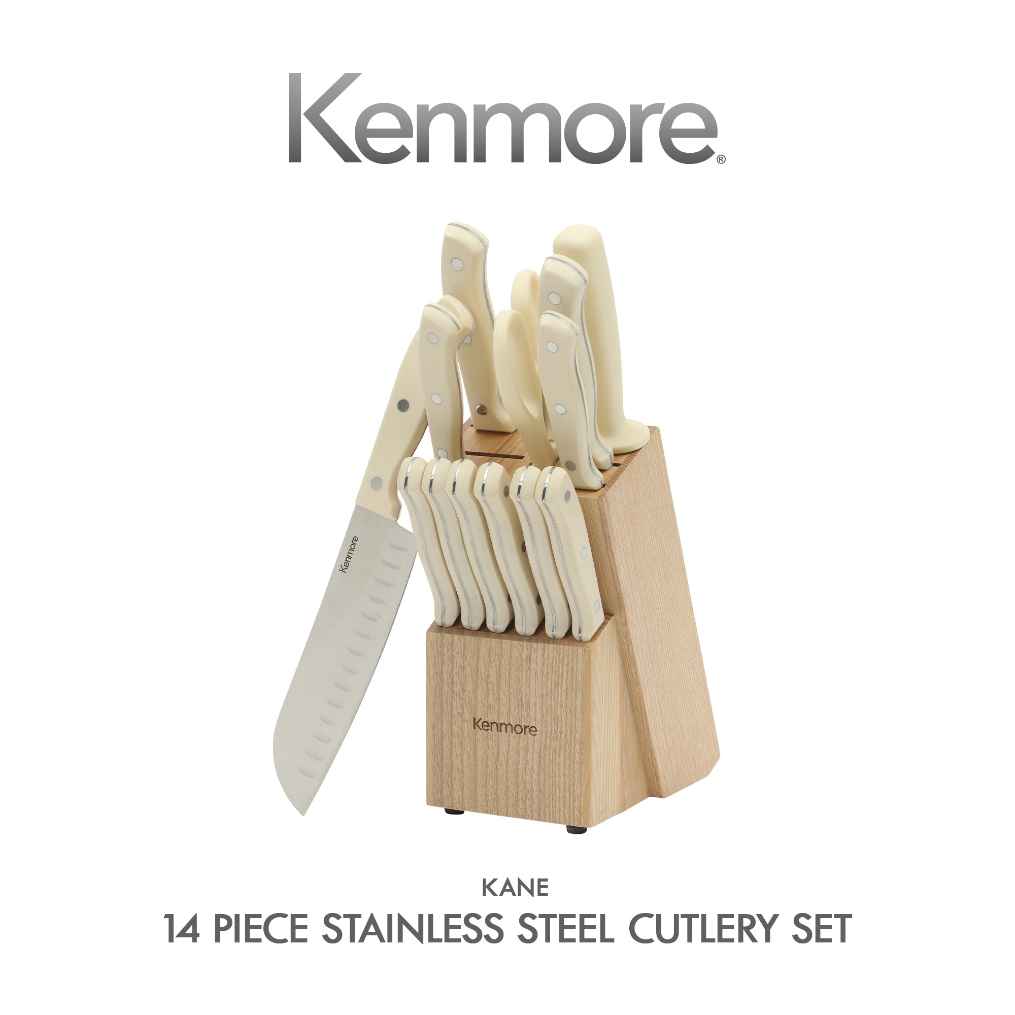 Kenmore Kane 14-Piece Cutlery Set w/ Rubber Coated Wood Knife Block