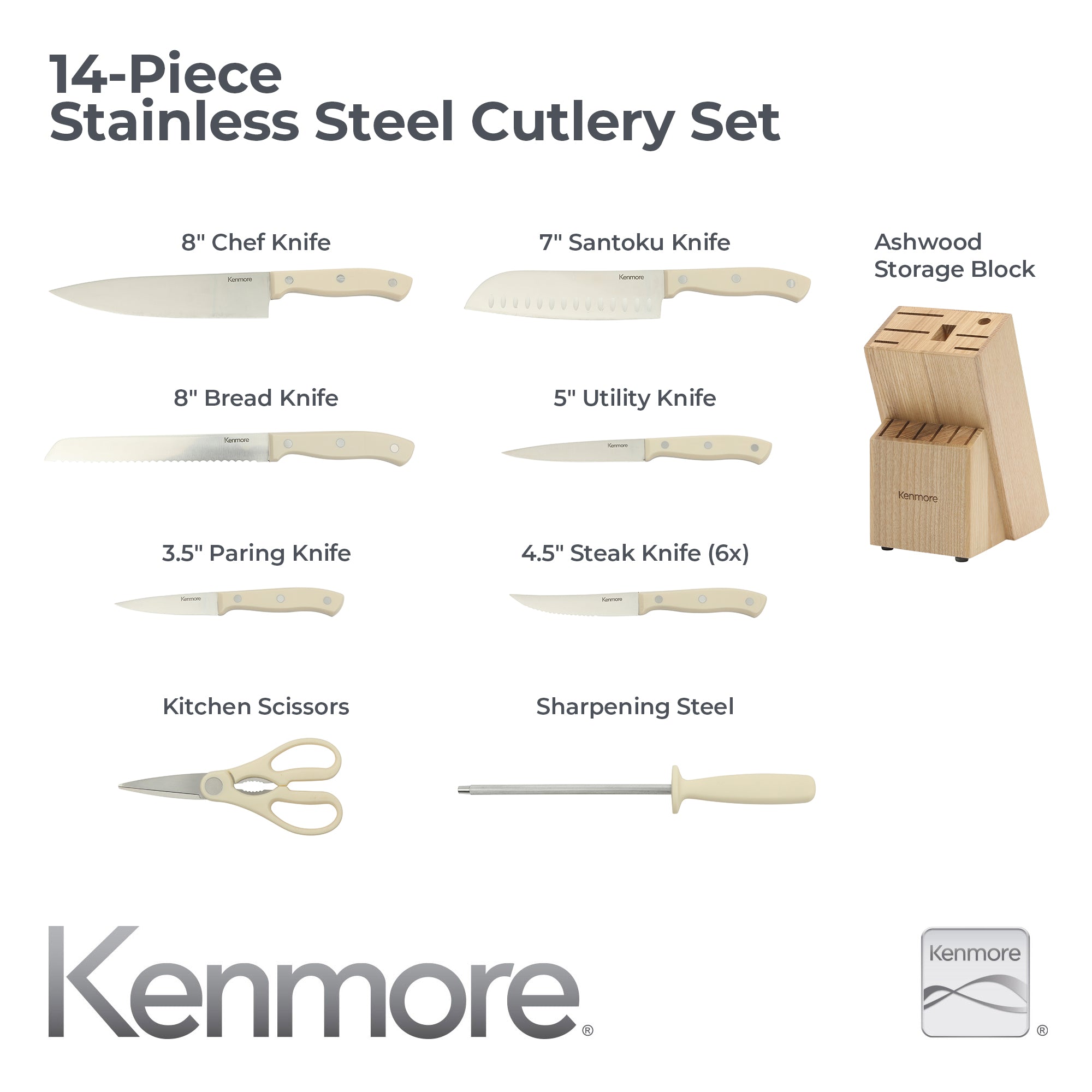 Kenmore Kane 14-Piece Cutlery Set w/ Rubber Coated Wood Knife Block