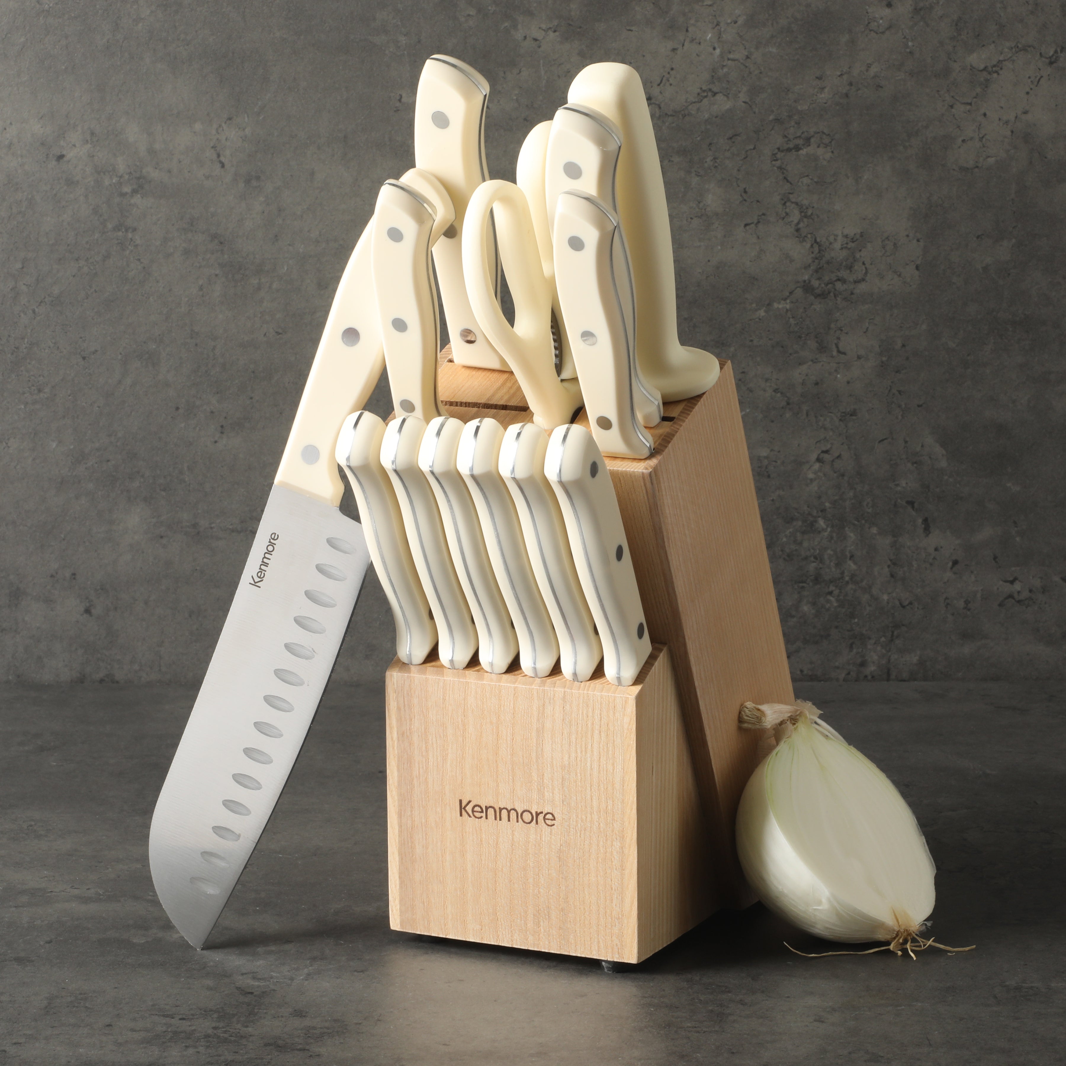 Kenmore Kane 14-Piece Cutlery Set w/ Rubber Coated Wood Knife Block