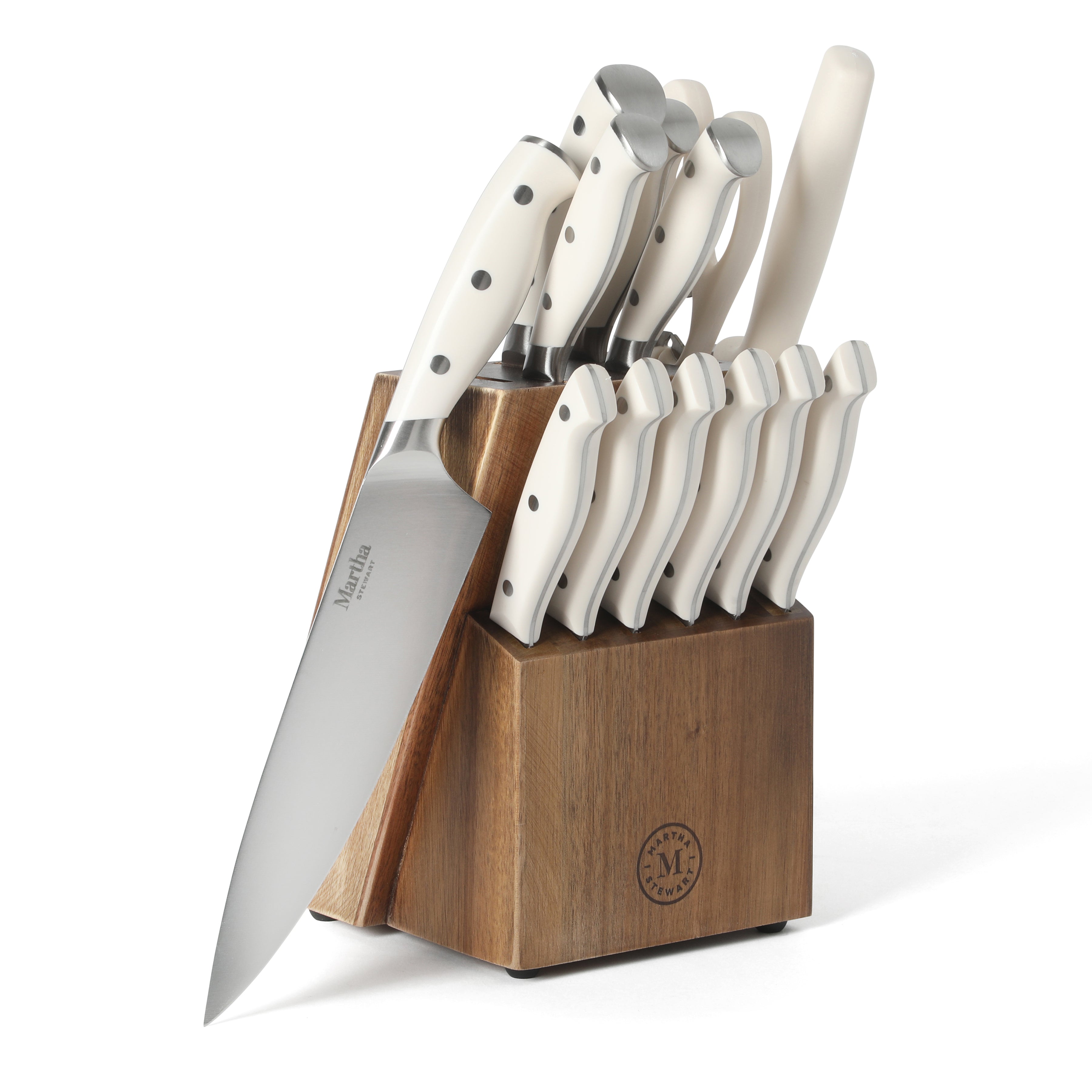 Martha Stewart Greeley Forged High Carbon Stainless Steel 14 Piece Knife Block Set, Kitchen Knife Set with Acacia Wood Block, Chef Knife
