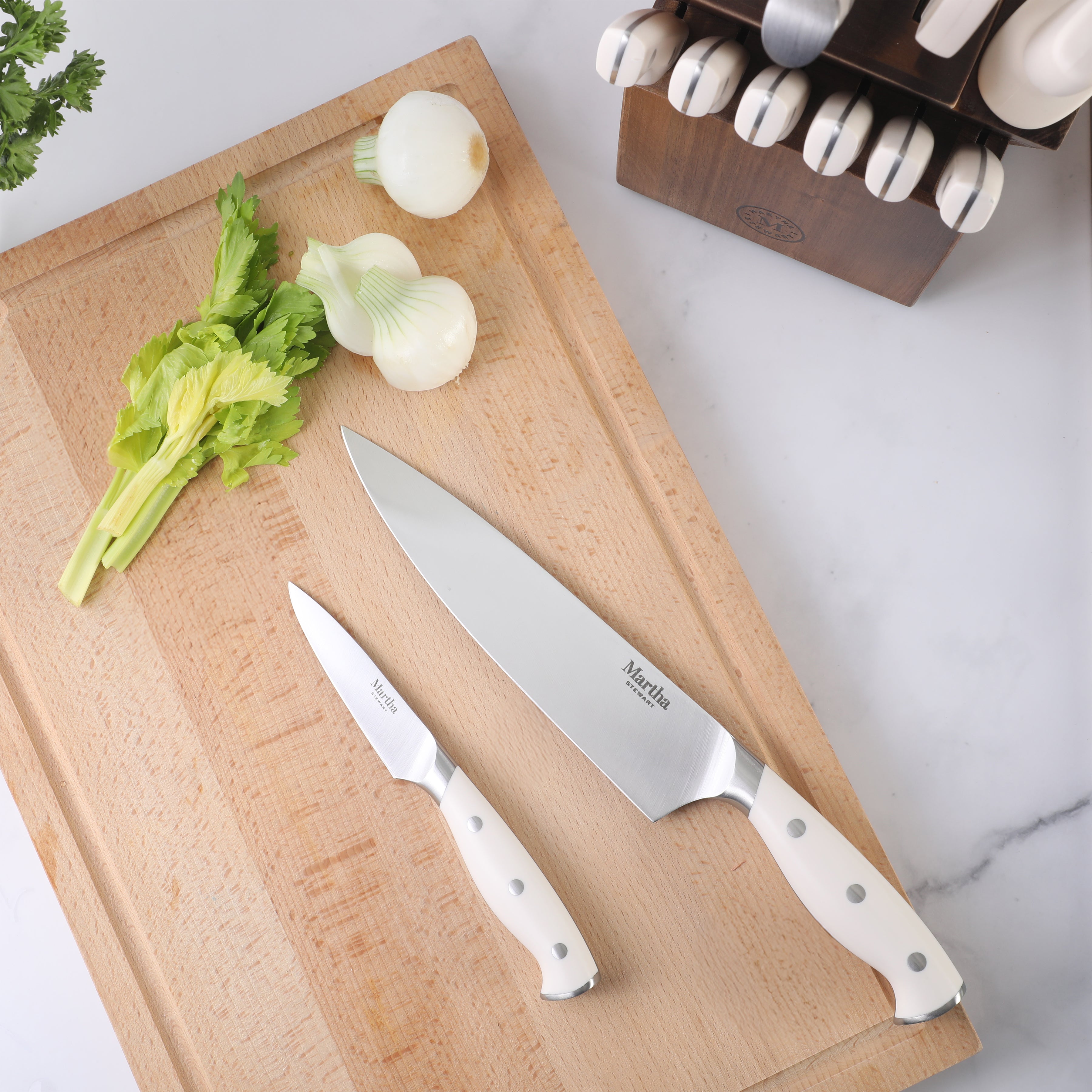 Martha Stewart Greeley Forged High Carbon Stainless Steel 14 Piece Knife Block Set, Kitchen Knife Set with Acacia Wood Block, Chef Knife