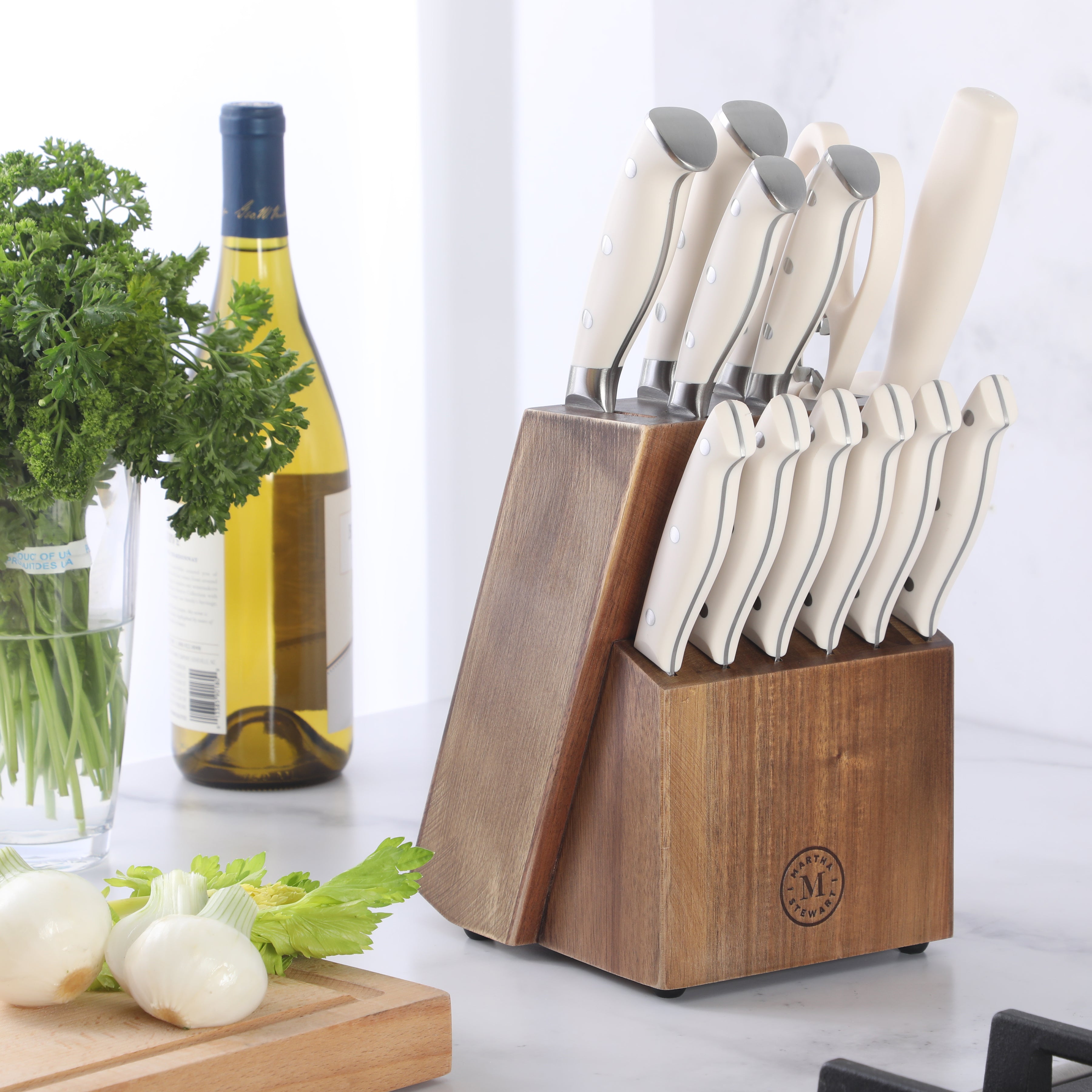 Martha Stewart Greeley Forged High Carbon Stainless Steel 14 Piece Knife Block Set, Kitchen Knife Set with Acacia Wood Block, Chef Knife