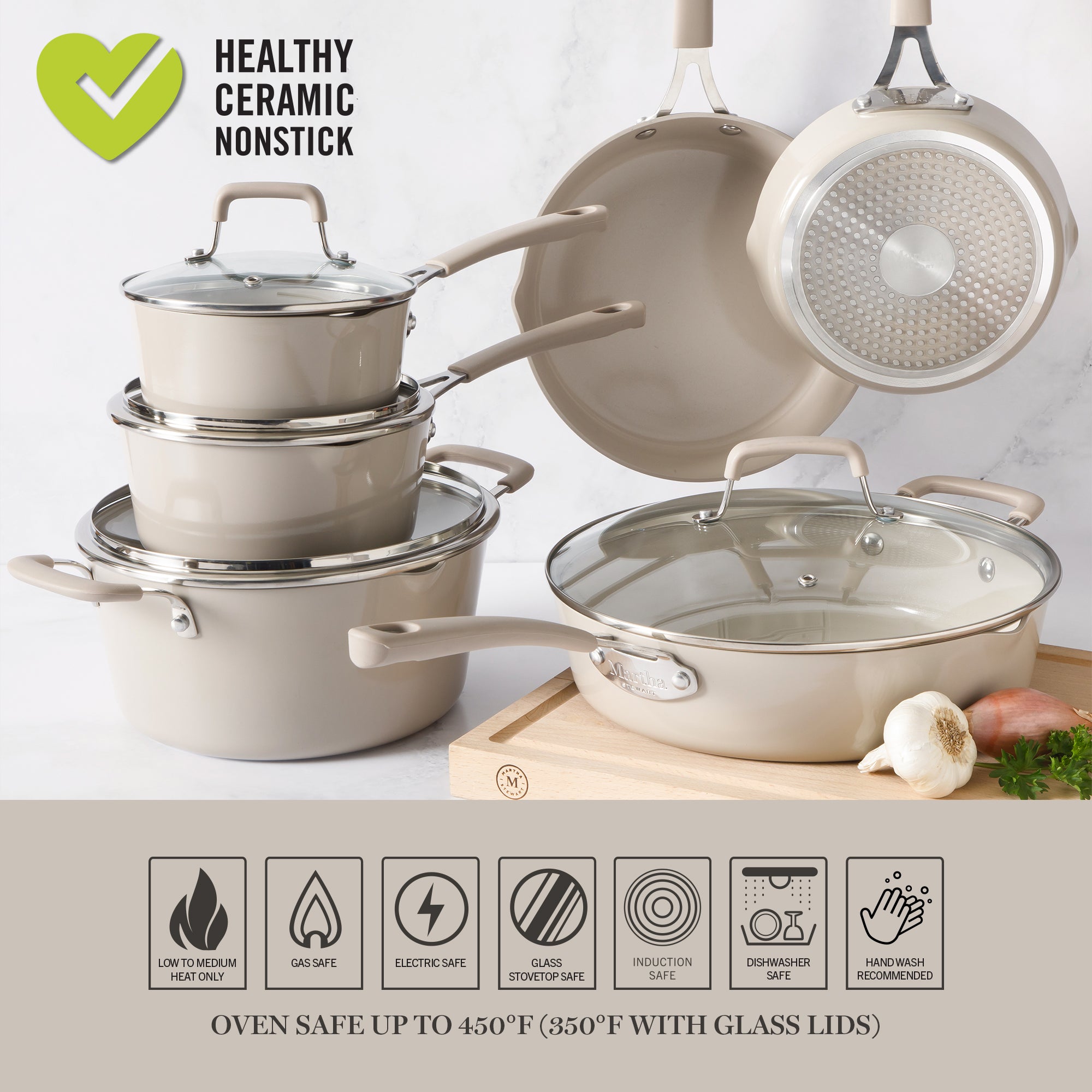 Martha Stewart Heathland Premium Nonstick PFA Free Ceramic Interior 10-Piece Tapered Aluminum Cookware Set - Linen White