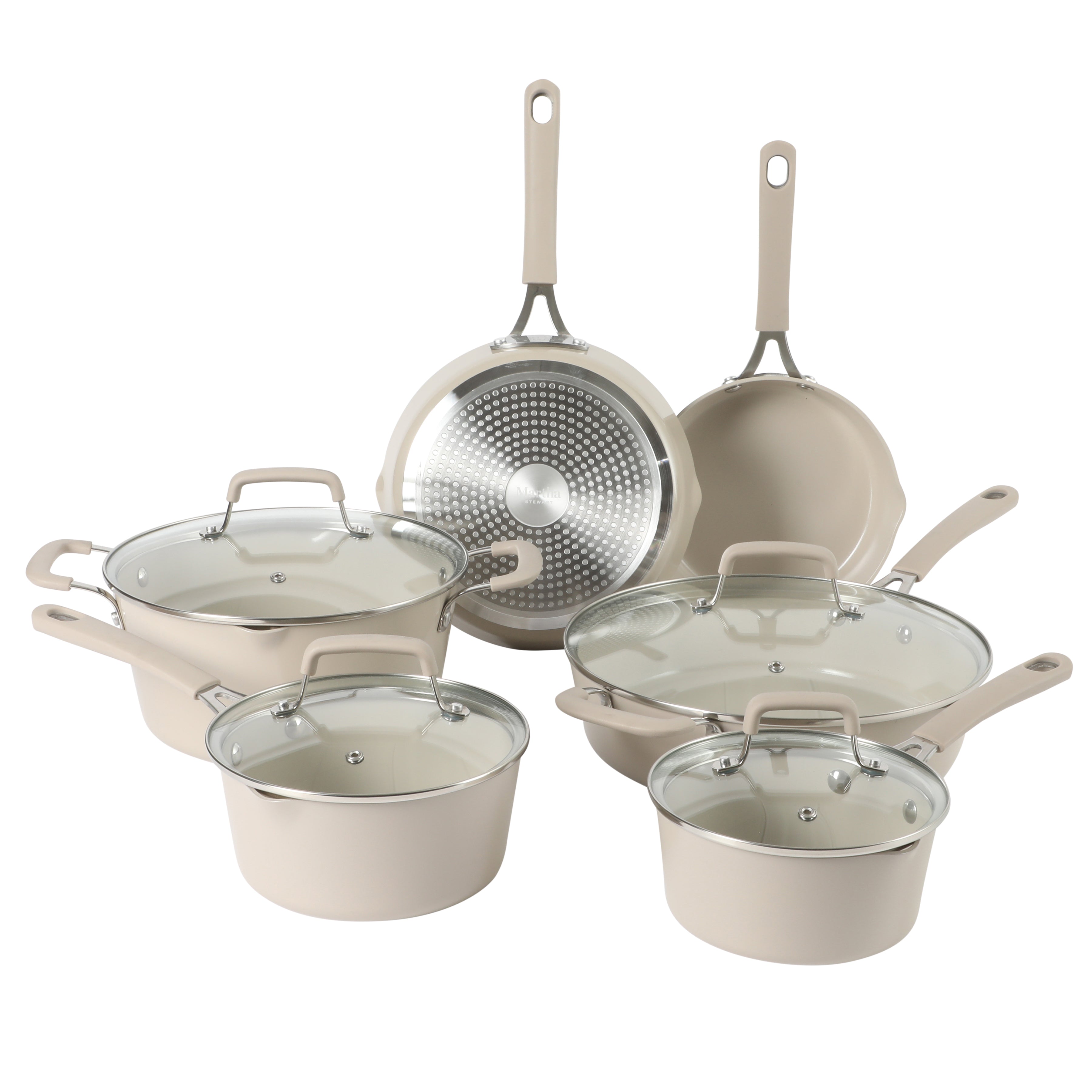 Martha Stewart Heathland Premium Nonstick PFA Free Ceramic Interior 10-Piece Tapered Aluminum Cookware Set - Linen White
