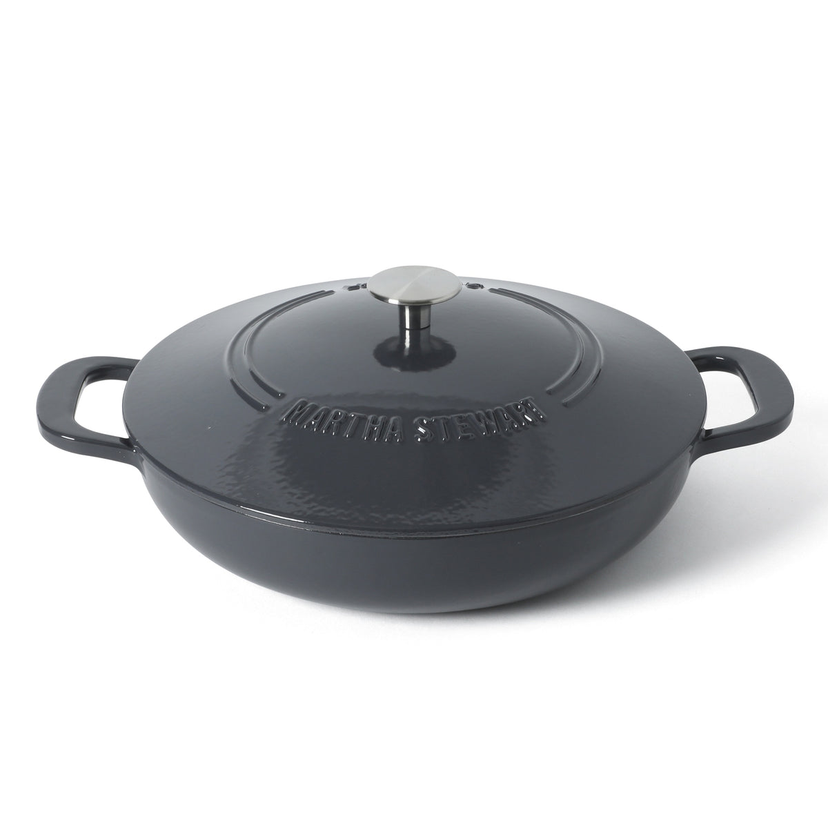 Martha Stewart Gatwick Enameled Cast Iron Braiser with Lid, 3.5-Quart Braiser Pan for Stovetop & Oven, Cast Iron Braising Pan with Gold Knob
