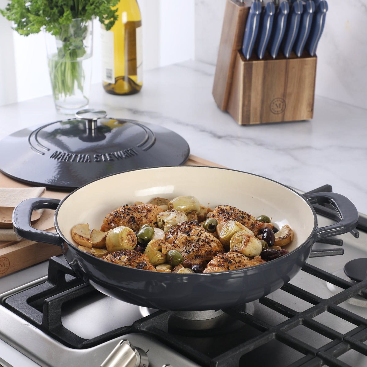 Martha Stewart Gatwick Enameled Cast Iron Braiser with Lid, 3.5-Quart Braiser Pan for Stovetop & Oven, Cast Iron Braising Pan with Gold Knob