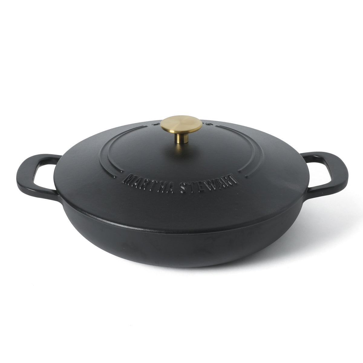 Martha Stewart Gatwick Enameled Cast Iron Braiser with Lid, 3.5-Quart Braiser Pan for Stovetop & Oven, Cast Iron Braising Pan with Gold Knob