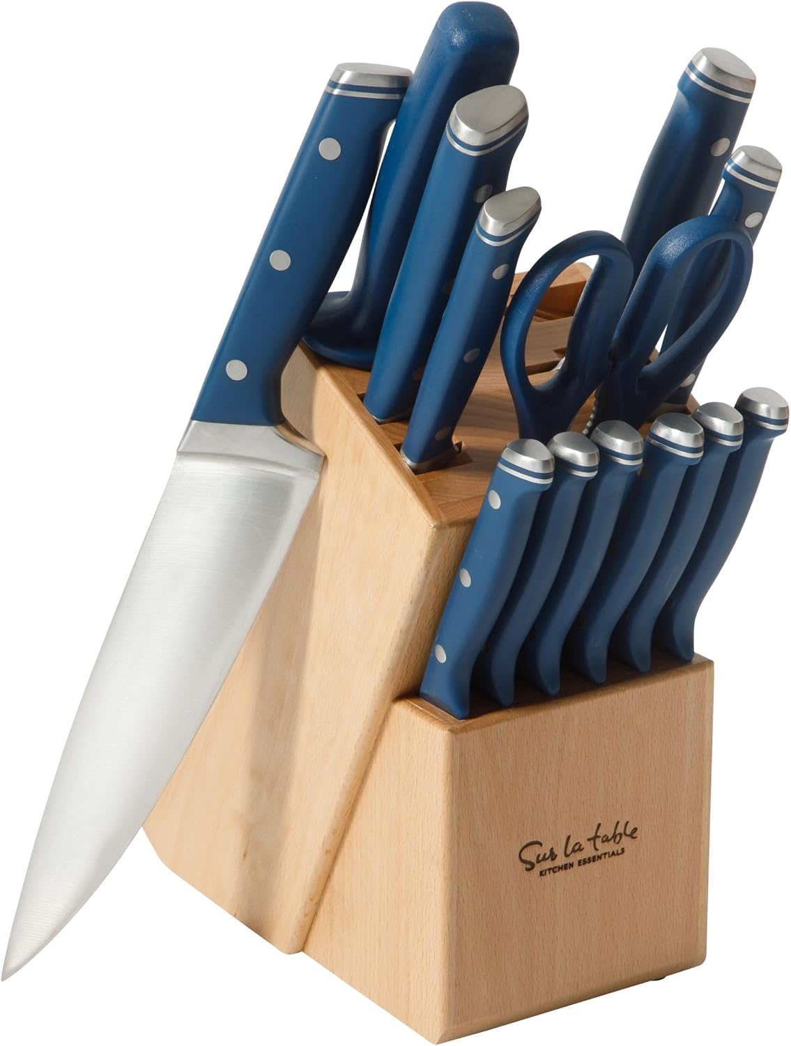 Sur La Table Kitchen Essentials 14 Piece Cutlery Set, German Steel Forged Knives, Beech Wood Block, Chef, Santoku, Bread, Steak Knives, Shears & Sharpener - Blue