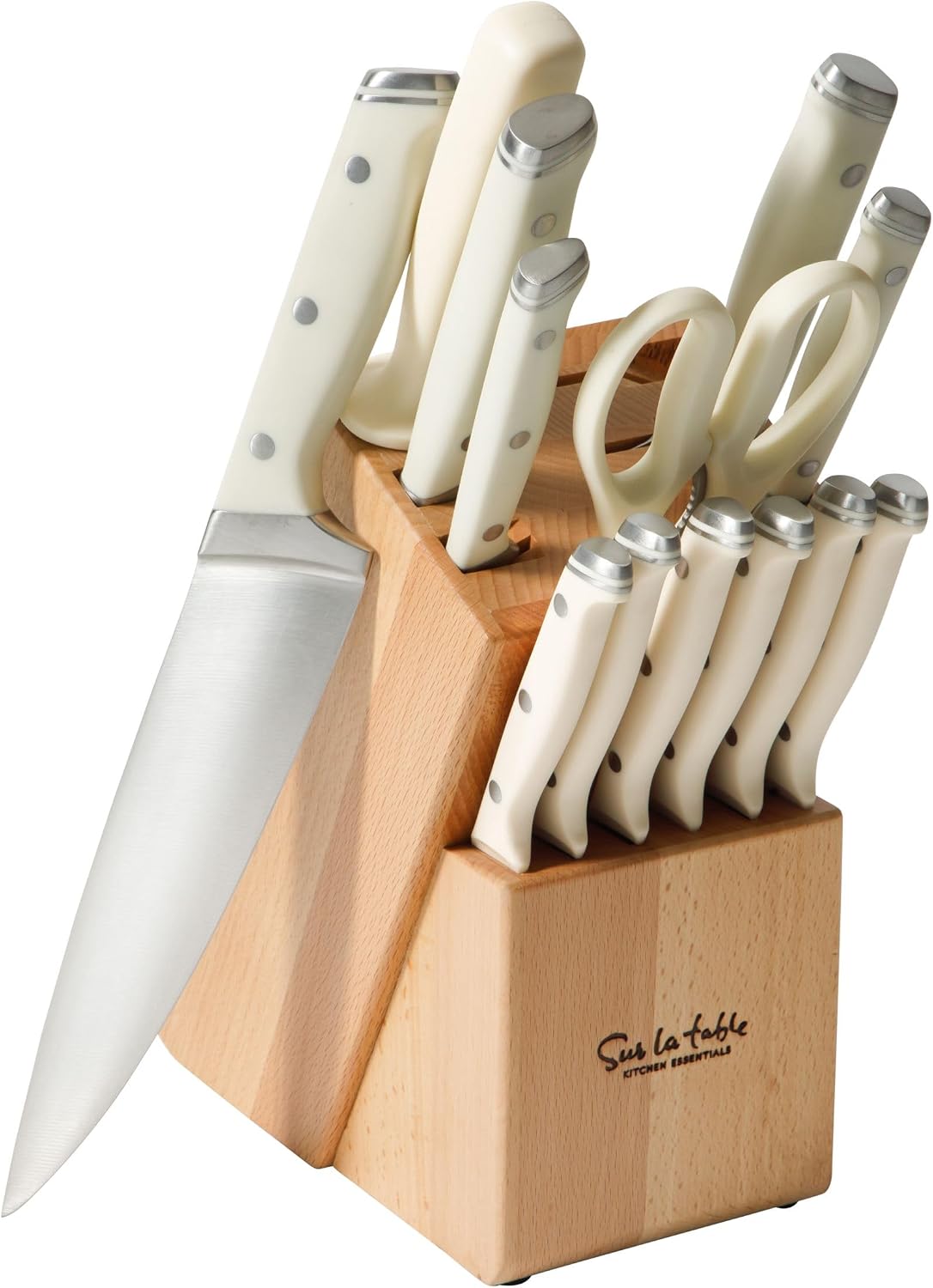 Sur La Table Kitchen Essentials 14 Piece Cutlery Set, German Steel Forged Knives, Beech Wood Block, Chef, Santoku, Bread, Steak Knives, Shears & Sharpener - Blue