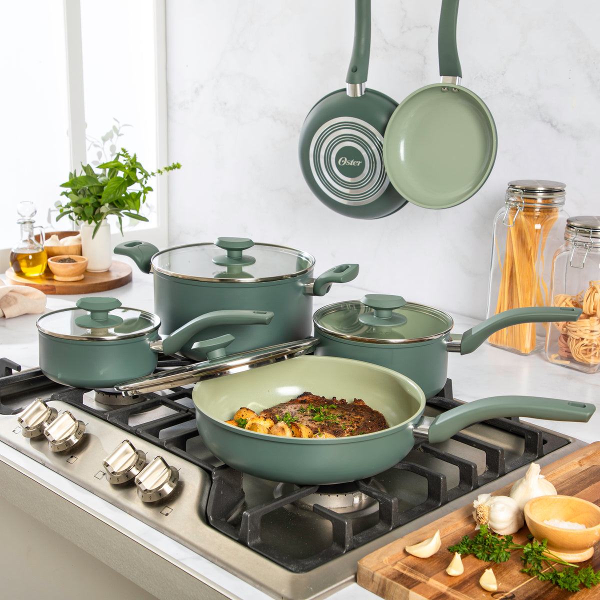 Oster Sutterville Choice 10-Piece Ceramic Nonstick Cookware Set, PFAS Free