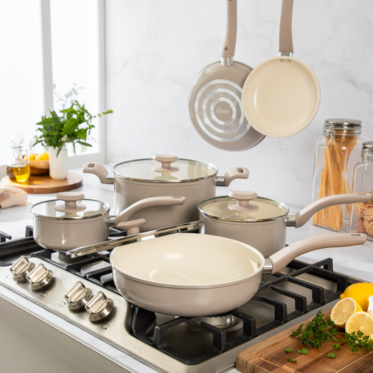 Oster Sutterville Choice 10-Piece Ceramic Nonstick Cookware Set, PFAS Free