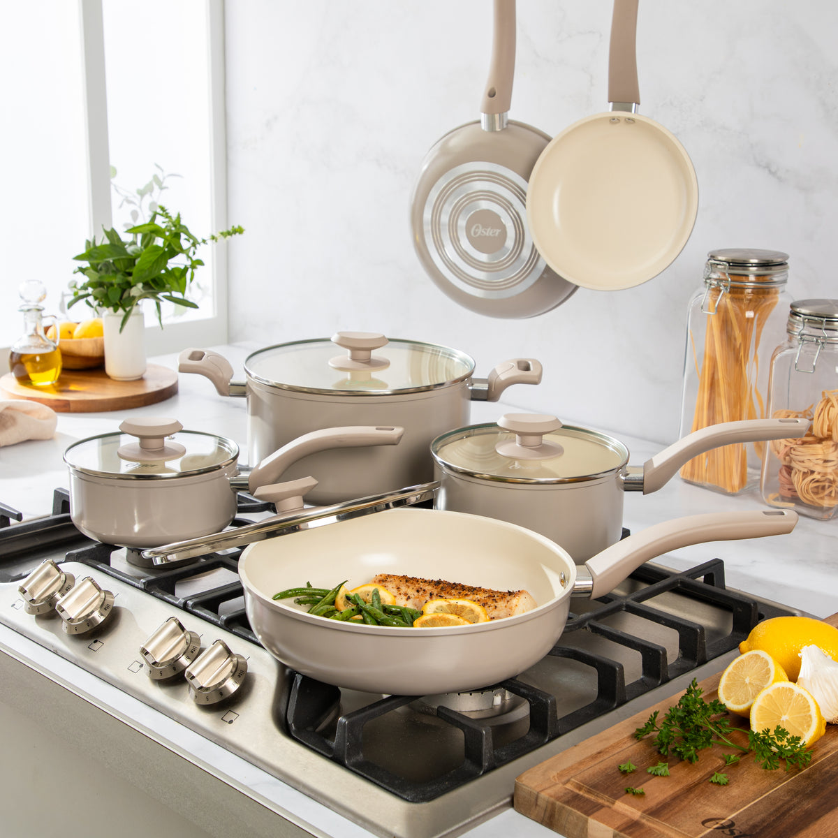Oster Sutterville Choice 10-Piece Ceramic Nonstick Cookware Set, PFAS Free