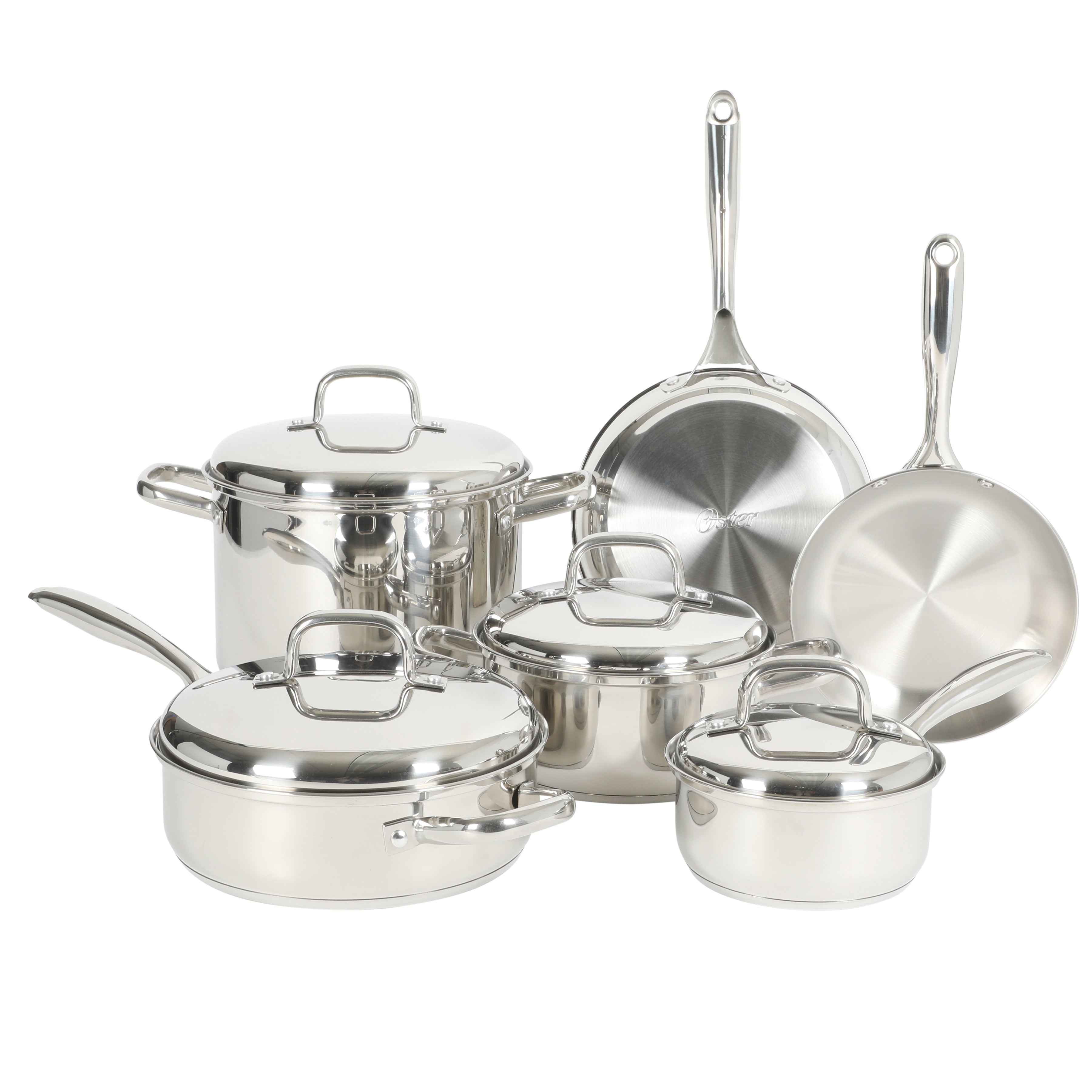 Oster Platinum Sedwick Stackable Stainless Steel Pots and Pans Cookware Set W/ Domed Stainless Steel Lids W/ TriPly Encapsulated Base - Induction Safe
