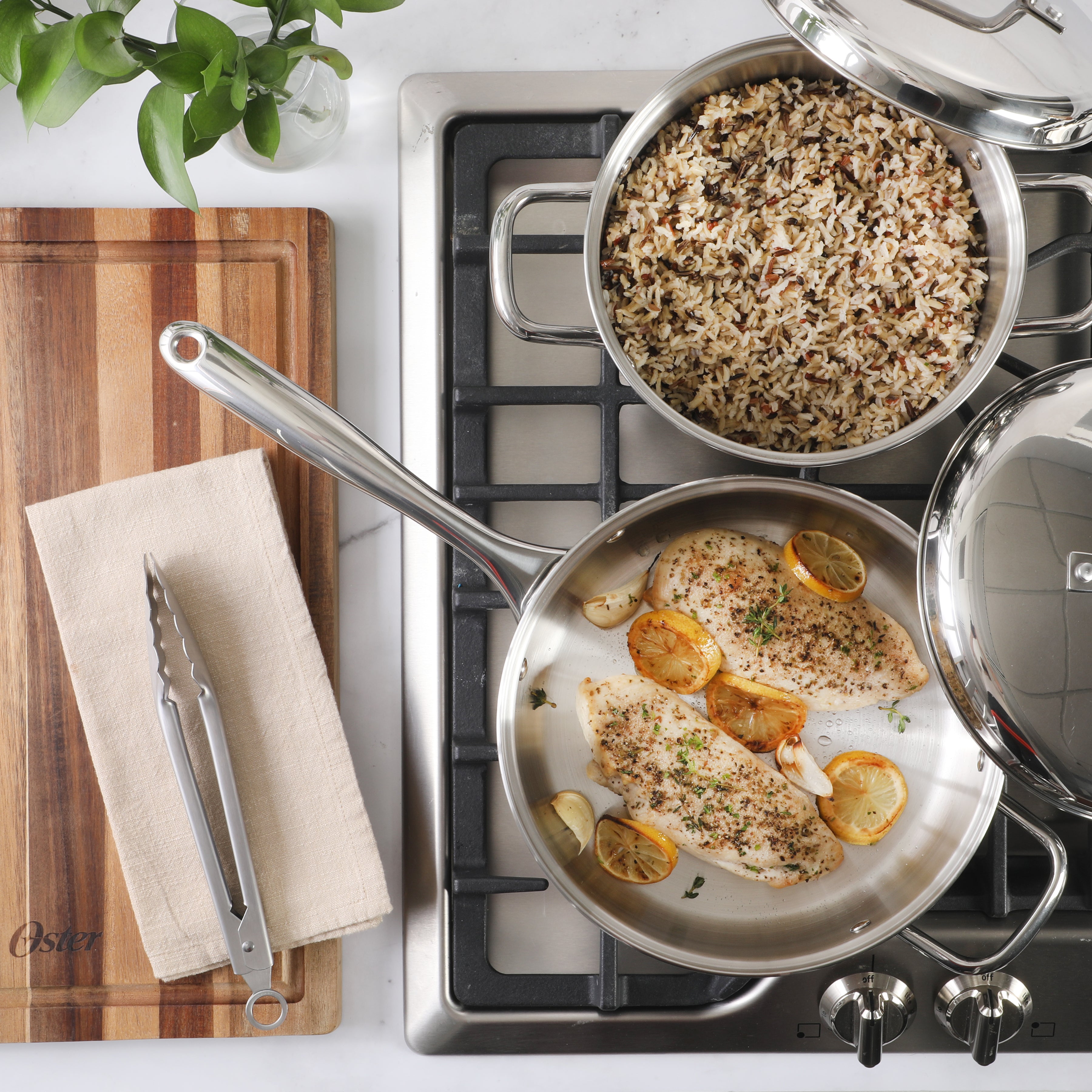 Oster Platinum Sedwick Stackable Stainless Steel Pots and Pans Cookware Set W/ Domed Stainless Steel Lids W/ TriPly Encapsulated Base - Induction Safe