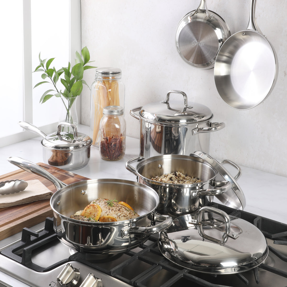 Encapsulated Base Cookware Oster Platinum Sedwick Stackable Stainless Steel Pots and Pans Cookwar