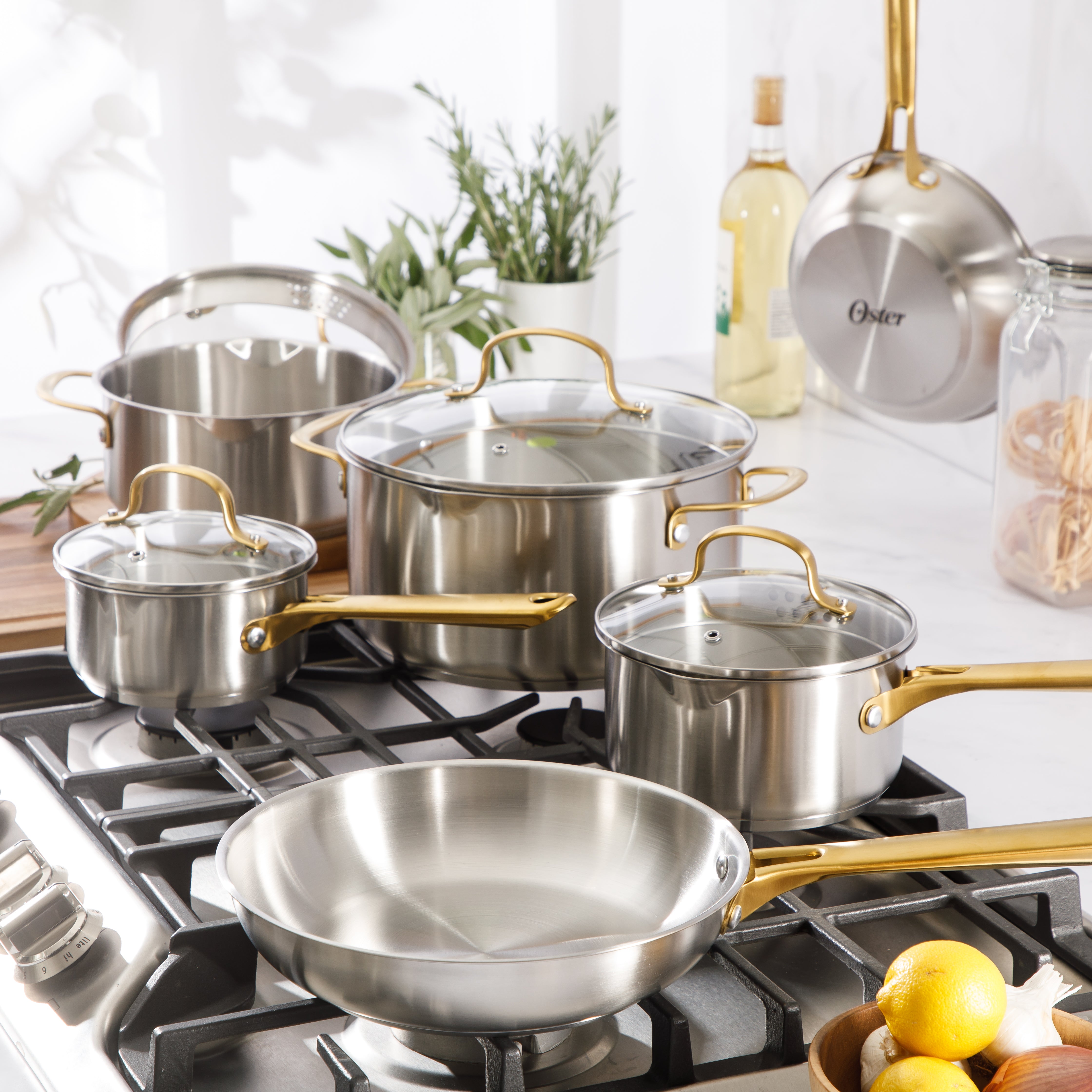 Oster Platinum Sunstreak Pots and Pans Set, 10-Piece Stainless Steel Cookware Set with Glass Strainer Lids, Induction Cookware Set