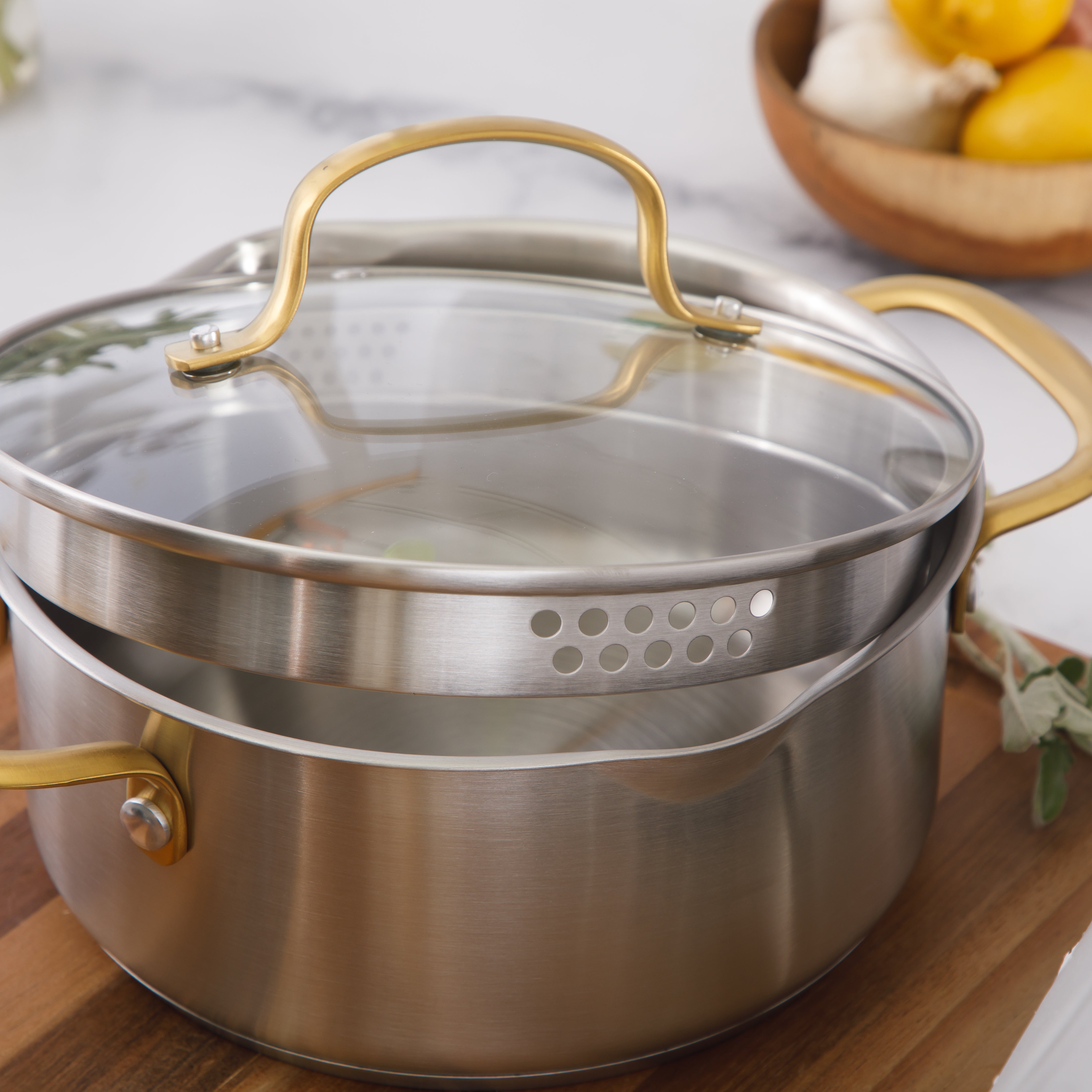 Oster Platinum Sunstreak Pots and Pans Set, 10-Piece Stainless Steel Cookware Set with Glass Strainer Lids, Induction Cookware Set