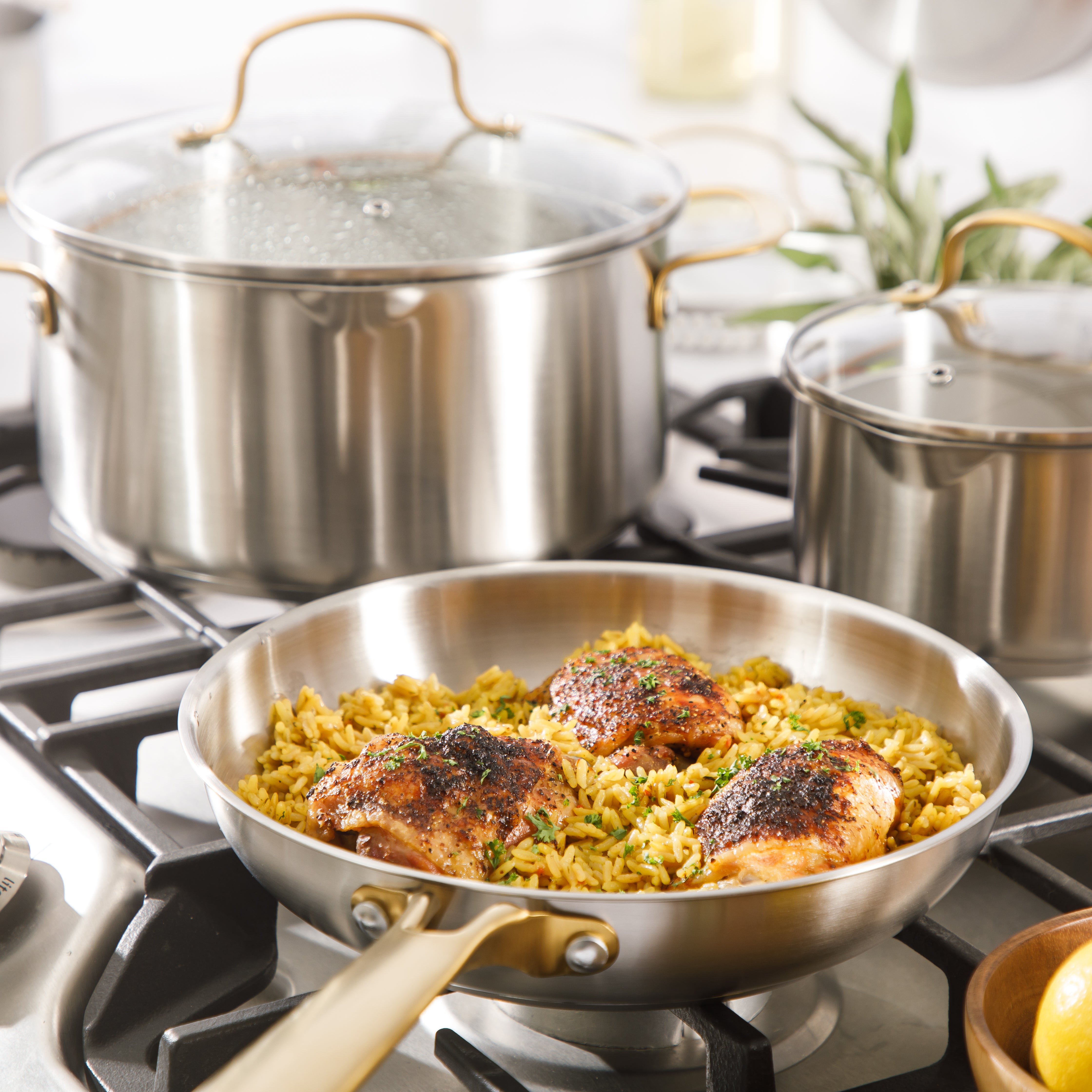 Oster Platinum Sunstreak Pots and Pans Set, 10-Piece Stainless Steel Cookware Set with Glass Strainer Lids, Induction Cookware Set