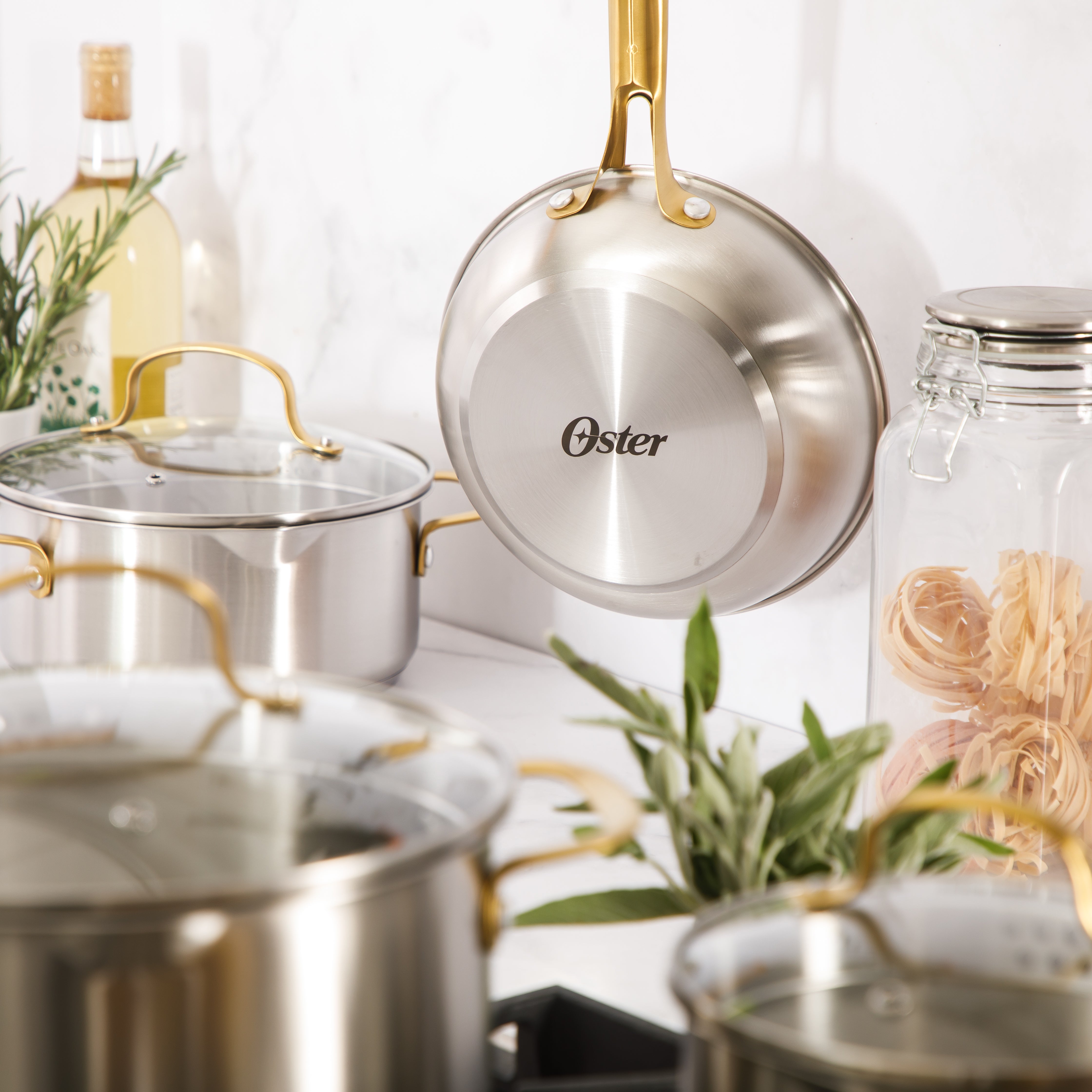 Oster Platinum Sunstreak Pots and Pans Set, 10-Piece Stainless Steel Cookware Set with Glass Strainer Lids, Induction Cookware Set
