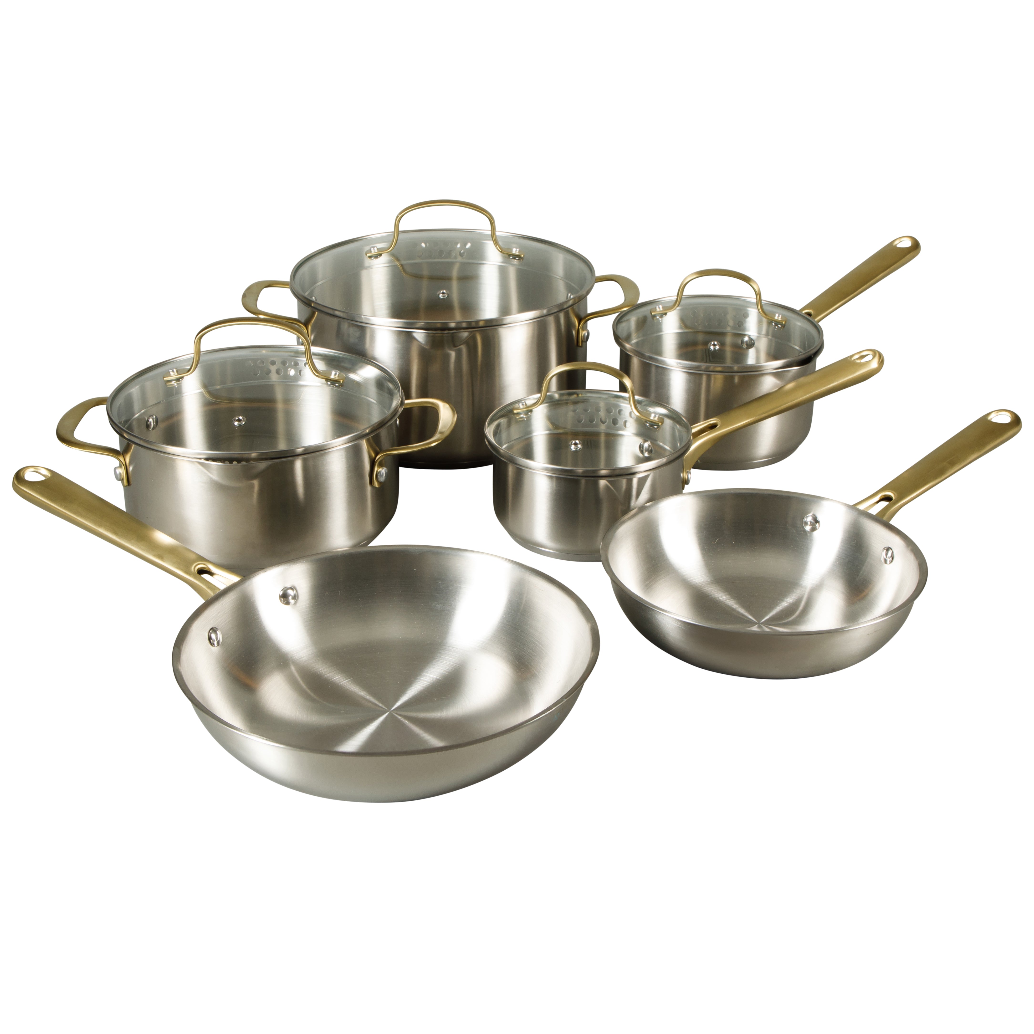 Oster Platinum Sunstreak Pots and Pans Set, 10-Piece Stainless Steel Cookware Set with Glass Strainer Lids, Induction Cookware Set