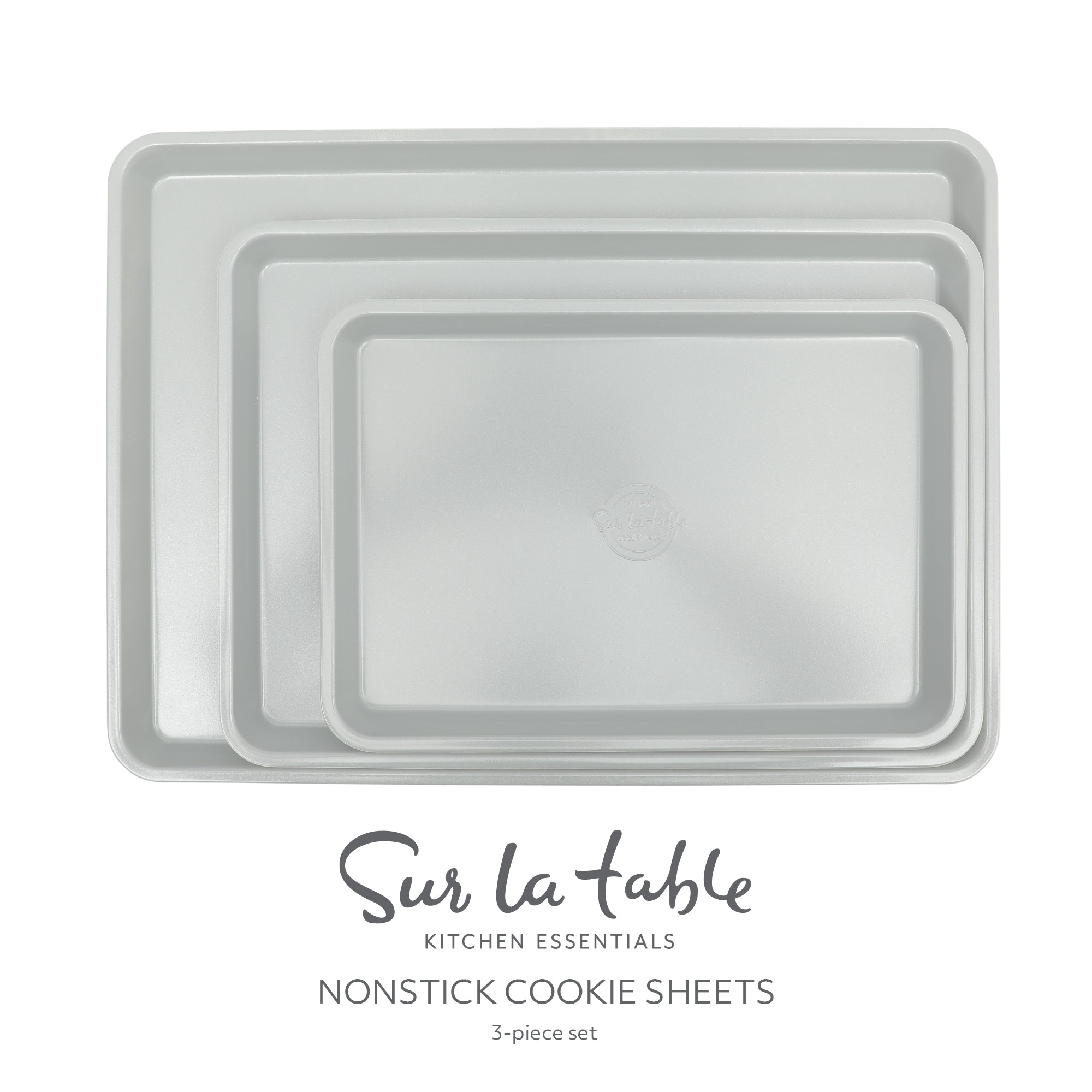 Sur La Table Kitchen Essentials Bake Sale 3-Piece Cookie Sheet Set – Nonstick Carbon Steel Baking Pans (13, 15, 18 Inch) – Grey Easy-Clean Oven Trays for Cookies, Roasting & More