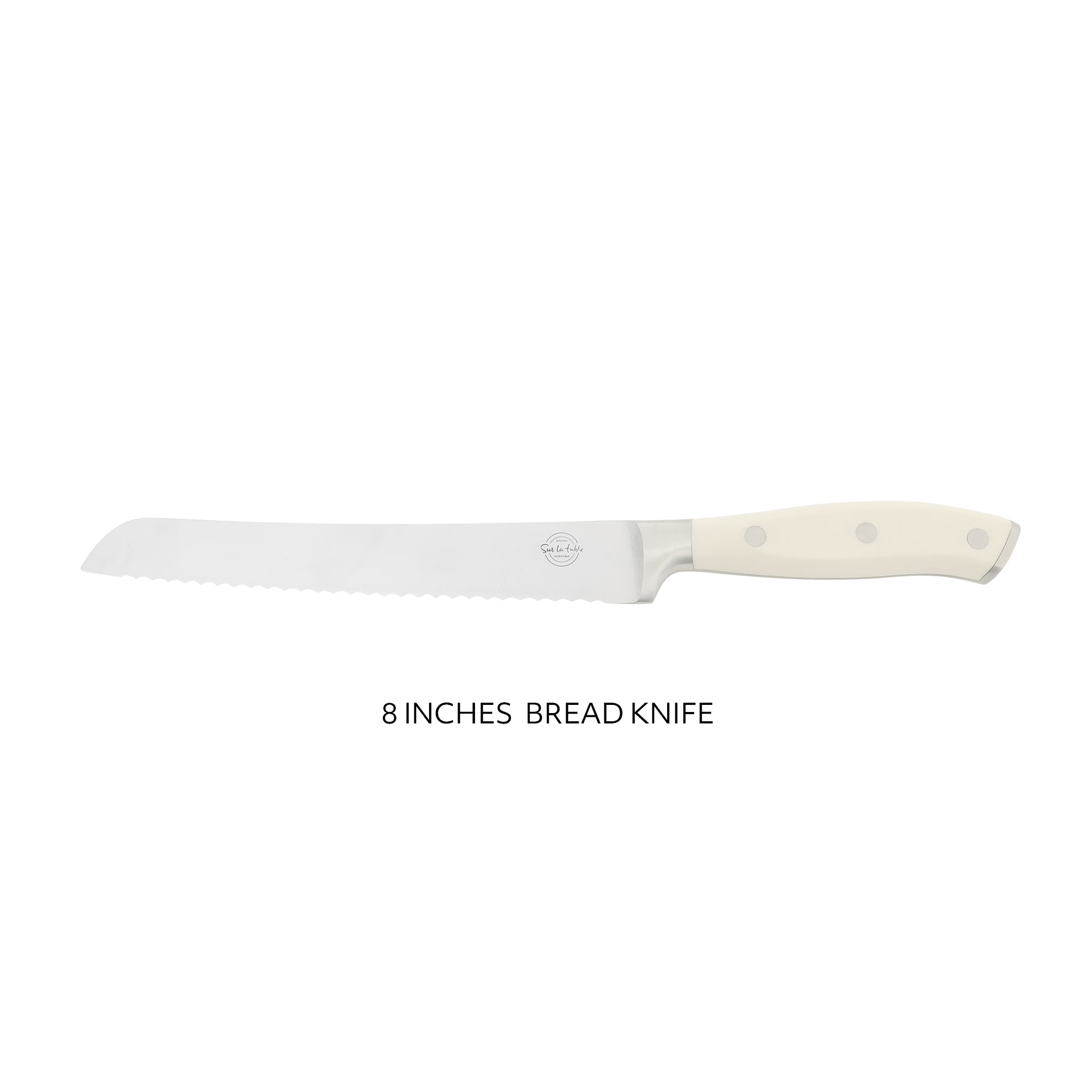 Sur La Table Kitchen Essentials Tasting Kitchen German Steel Bread Knife, 8-Inch Stainless Steel Blade – Professional Kitchen Knife with White Handle and Forged Full Tang