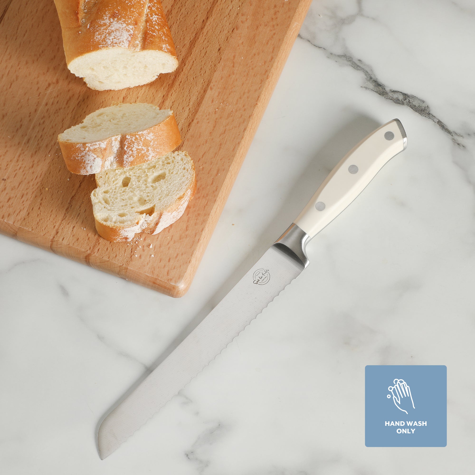 Sur La Table Kitchen Essentials Tasting Kitchen German Steel Bread Knife, 8-Inch Stainless Steel Blade – Professional Kitchen Knife with White Handle and Forged Full Tang