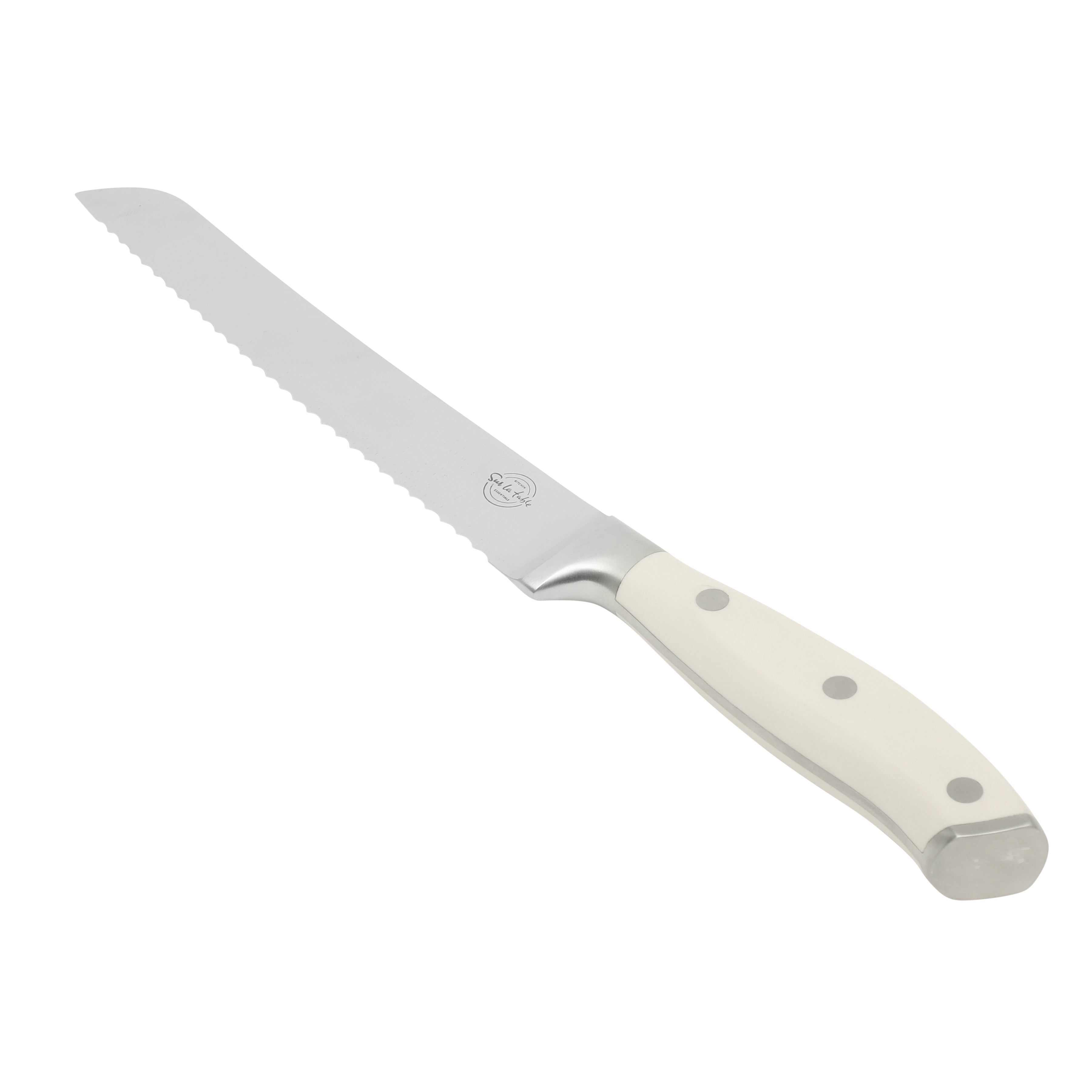 Sur La Table Kitchen Essentials Tasting Kitchen German Steel Bread Knife, 8-Inch Stainless Steel Blade – Professional Kitchen Knife with White Handle and Forged Full Tang