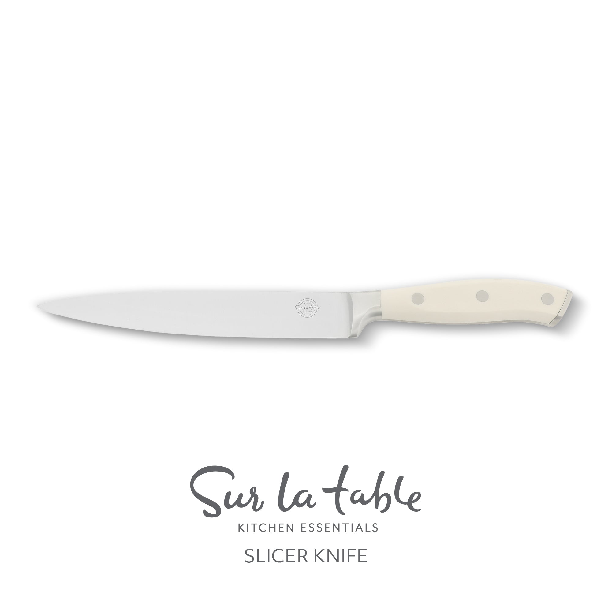 Sur La Table Kitchen Essentials Tasting Kitchen German Steel Slicer Knife, 8-Inch Stainless Steel Blade – Professional Kitchen Knife with White Handle and Forged Full Tang