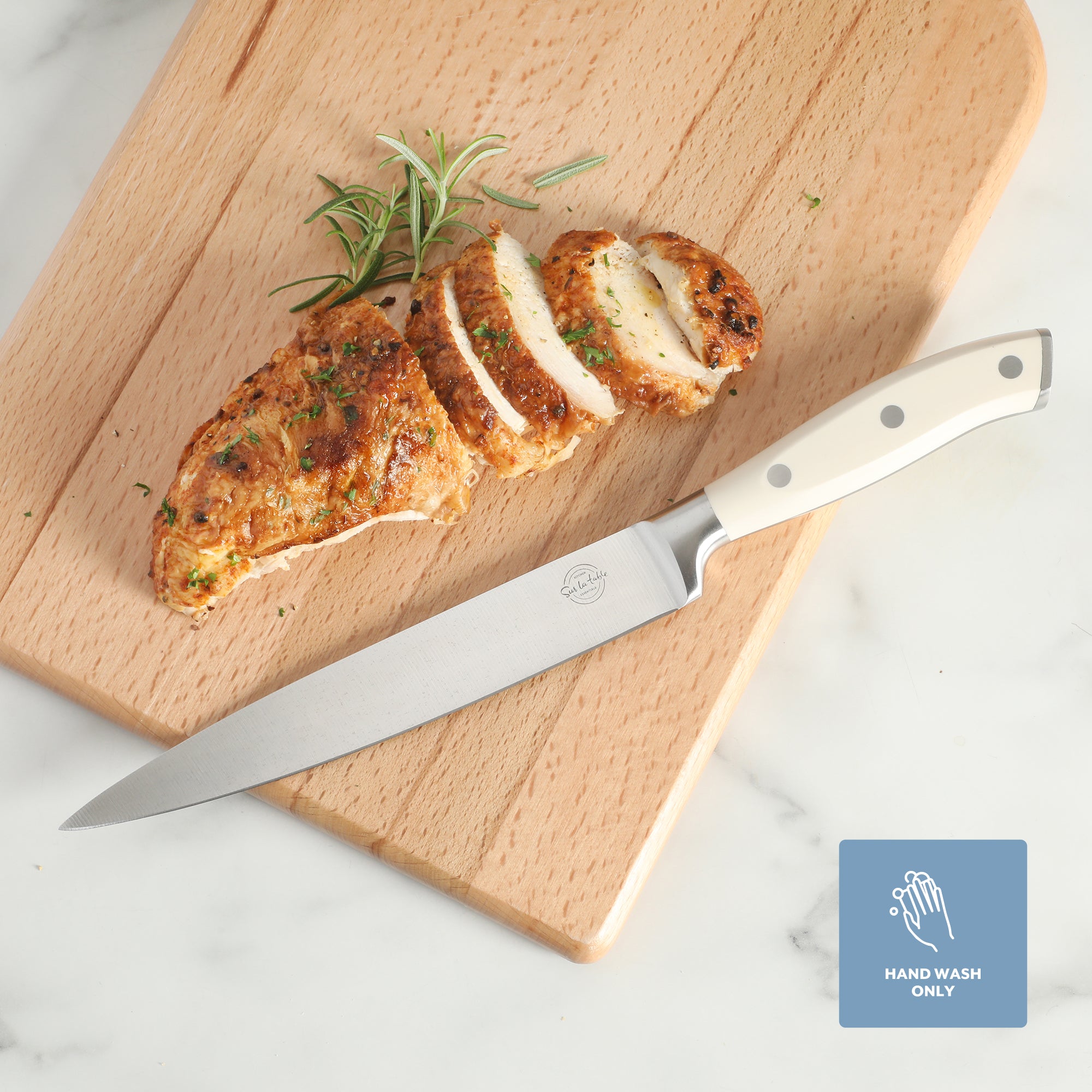 Sur La Table Kitchen Essentials Tasting Kitchen German Steel Slicer Knife, 8-Inch Stainless Steel Blade – Professional Kitchen Knife with White Handle and Forged Full Tang