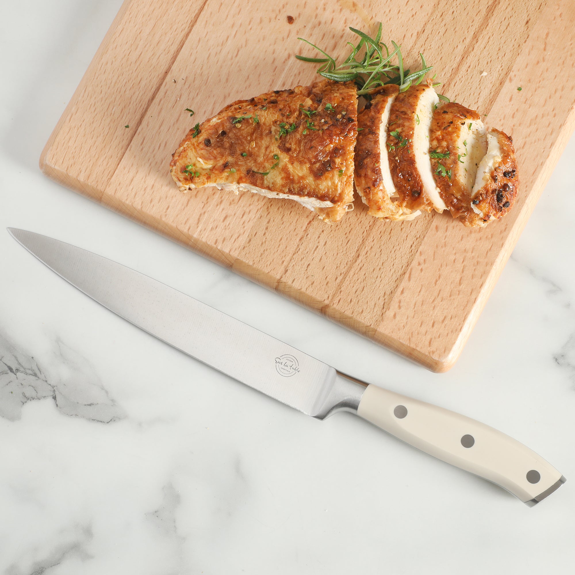 Sur La Table Kitchen Essentials Tasting Kitchen German Steel Slicer Knife, 8-Inch Stainless Steel Blade – Professional Kitchen Knife with White Handle and Forged Full Tang