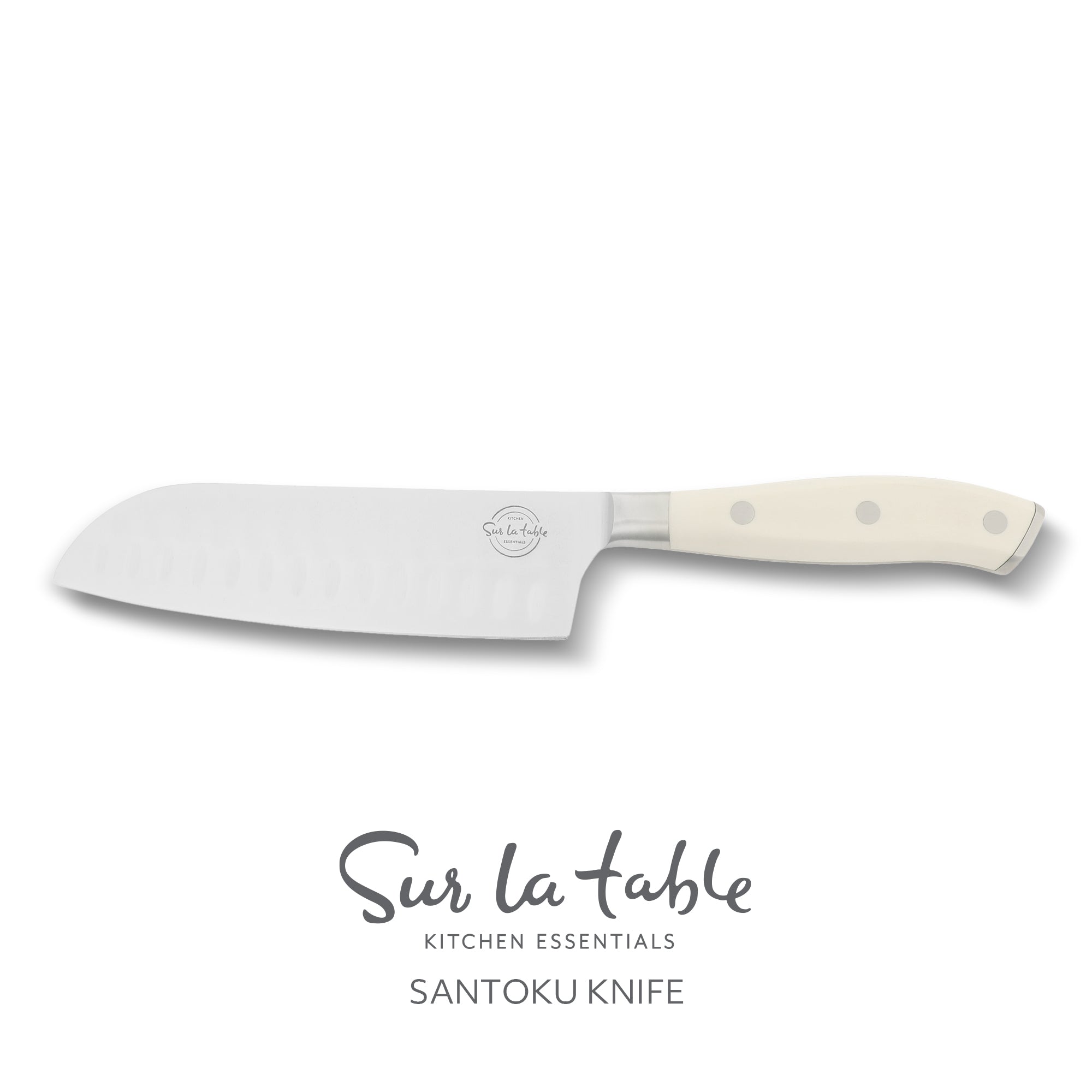 Sur La Table Kitchen Essentials Tasting Kitchen German Steel Santoku Knife, 7-Inch Stainless Steel Blade – Professional Kitchen Knife with White Handle and Forged Full Tang
